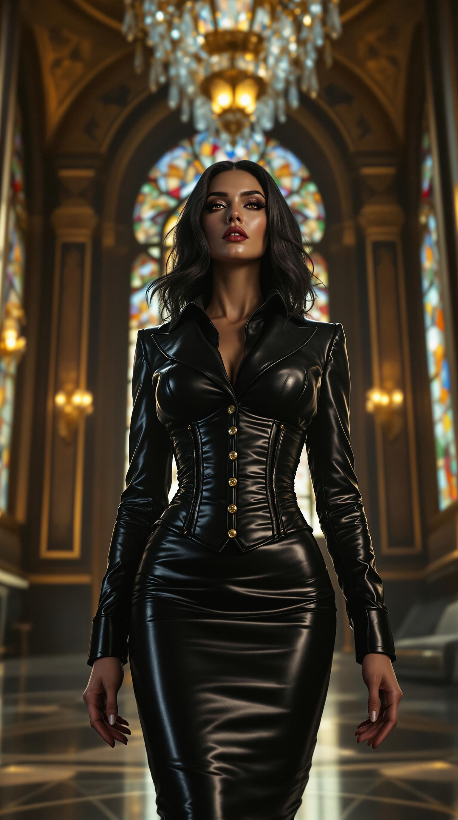 A strikingly powerful woman in her early 40s, her heavily muscled frame exuding raw strength and unshakable confidence, with an ethereal, vampire-like pallor to her skin that contrasts with her piercing amber eyes. Her dark, sleek hair cascades over her shoulders in glossy waves, framing her intense gaze. She wears a meticulously tailored black leather business jacket, its shiny surface catching the light with sharp, angular lines and subtle stitching details, paired with a luxurious black silk button-down dress shirt that shimmers softly, hinting at elegance beneath her commanding exterior. A black leather corset cinches her waist, accentuating her formidable presence, while a knee-length, skintight black leather pencil skirt clings to her sculpted physique, its glossy finish reflecting faint glimmers of light. She stands as the central, dominant figure in an opulent early 1900s hotel lobby, steeped in Art Nouveau grandeur—ornate gold leaf patterns adorn the walls, intricate stained glass windows cast vibrant hues across the scene, polished marble floors mirror the soft ambient glow, and vintage crystal chandeliers hang overhead, dripping with decadence. The composition is framed from a low-angle perspective, her towering figure tilting her head slightly with an air of authority, emphasizing her imposing stature against the lavish backdrop. The mood is sophisticated and enigmatic, bathed in warm, golden-hour lighting that streams through the windows, casting a regal yet mysterious atmosphere with dramatic interplay of light and shadow. Rendered in a hyper-realistic, cinematic style, the image captures the fine textures of leather and silk, the subtle sheen of fabrics, and a shallow depth of field that keeps her razor-sharp in focus while gently blurring the intricate background, enhancing her commanding presence in this timeless, elegant setting.