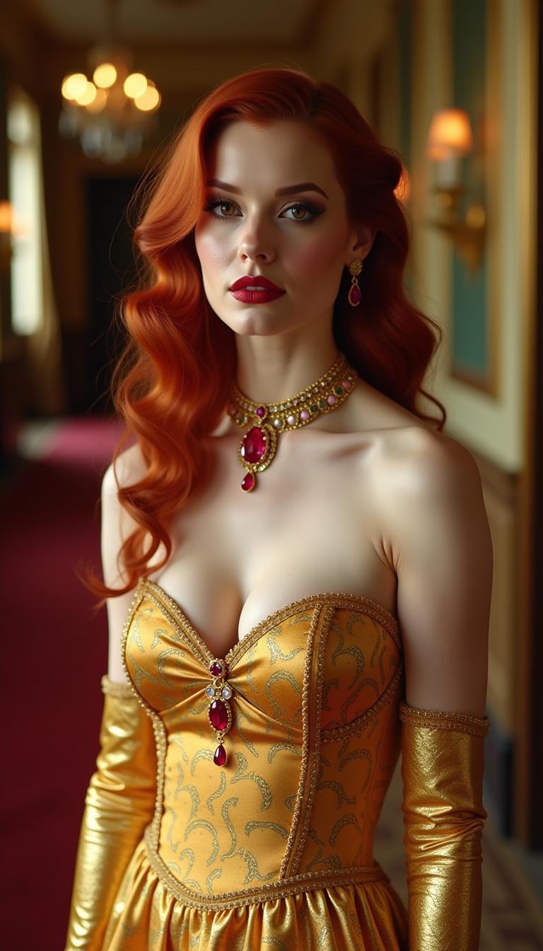 Crimson haired mid 40s vampire queen, amber eyes, her crimson hair drops to her waist in curls and waves. Dressed in an elegant shimmering gold silk evening gown.  Gold 6" heeled shoes. Long shimmering gold silk opera gloves. Standing in an elegant ballroom. Her neck, wrists and ears decorated with rubies and gold