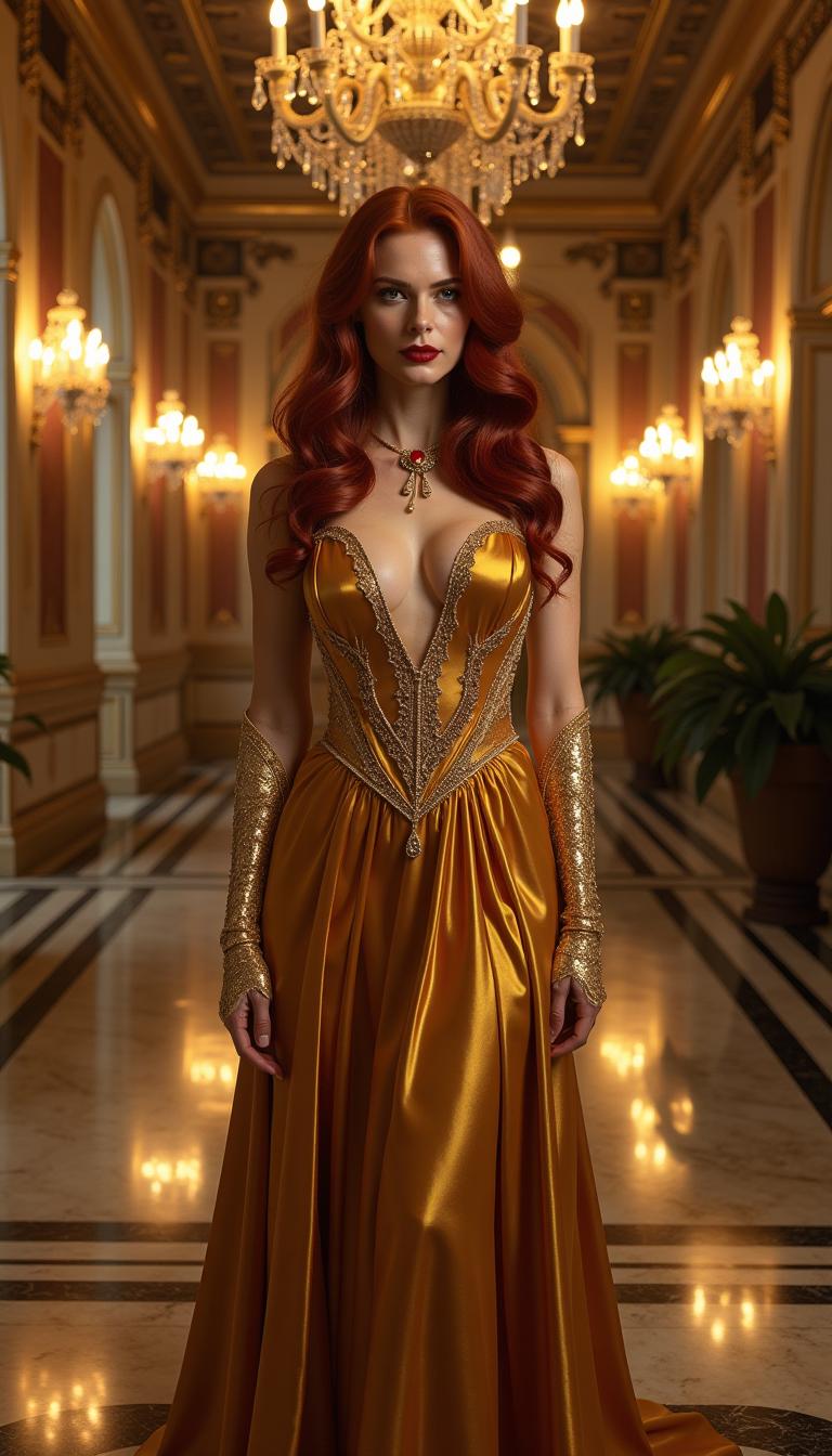 A striking vampire queen in her mid-40s, with cascading crimson hair falling to her waist in luxurious curls and waves, her piercing amber eyes glowing with an otherworldly intensity. She is adorned in an elegant, shimmering gold silk evening gown that clings to her regal form, the fabric catching the light with every subtle movement. Her feet are graced by towering 6-inch gold heeled shoes, adding to her commanding presence, while long, shimmering gold silk opera gloves extend gracefully up her arms. Her neck, wrists, and ears are lavishly decorated with intricate ruby and gold jewelry, the deep red gems contrasting beautifully with her pale, flawless skin. She stands confidently in the center of an opulent ballroom, surrounded by grand crystal chandeliers casting a warm, golden glow, and intricate marble floors reflecting the soft light. The atmosphere is enchanting yet haunting, with a faint mist lingering in the air, evoking a sense of timeless mystery. The composition focuses on her as the central figure, captured from a low angle to emphasize her dominance and elegance, framed by the ornate ballroom architecture in the background. The style is inspired by Gothic Romanticism, with dramatic lighting and rich, saturated colors, blending the allure of classical portraiture with a cinematic, ethereal quality. The mood is both majestic and slightly foreboding, set during the late evening, with shadows playing across the scene to enhance depth and intrigue.