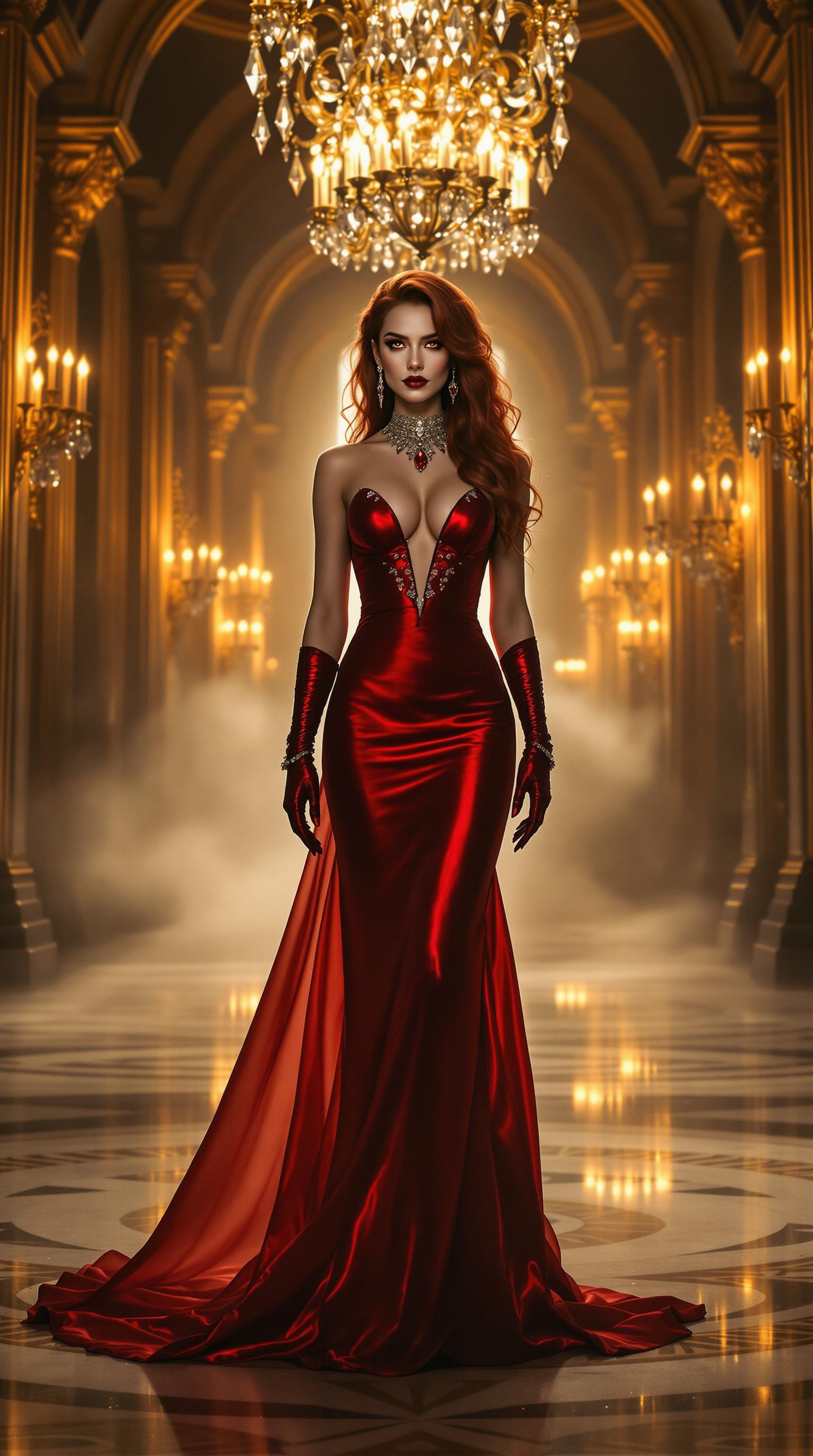A striking vampire queen in her mid-40s, with cascading crimson hair falling to her waist in luxurious curls and waves, her piercing amber eyes glowing with an otherworldly intensity. She is adorned in an elegant, shimmering metallic red silk evening gown that clings to her regal form, the fabric catching the light with every subtle movement. Her feet are graced by towering 6-inch metallic red high heeled shoes, adding to her commanding presence, while long, shimmering metallic red silk opera gloves extend gracefully up her arms. Her neck, wrists, and ears are lavishly decorated with intricate ruby and gold jewelry, the deep red gems contrasting beautifully with her pale, flawless skin. She stands confidently in the center of an opulent ballroom, surrounded by grand crystal chandeliers casting a warm, golden glow, and intricate marble floors reflecting the soft light. The atmosphere is enchanting yet haunting, with a faint mist lingering in the air, evoking a sense of timeless mystery. The composition focuses on her as the central figure, captured from a low angle to emphasize her dominance and elegance, framed by the ornate ballroom architecture in the background. The style is inspired by Gothic Romanticism, with dramatic lighting and rich, saturated colors, blending the allure of classical portraiture with a cinematic, ethereal quality. The mood is both majestic and slightly foreboding, set during the late evening, with shadows playing across the scene to enhance depth and intrigue.