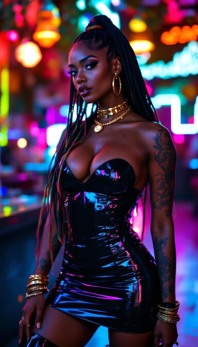 A strikingly powerful Nubian woman in her mid-20s, exuding confidence and strength, with a muscular yet elegant build. Her long black hair is styled in intricate cornrows, interwoven with vibrant multicolored strands that catch the light. She wears a sleek, shiny black leather micro-minidress that hugs her form, paired with a matching corset cinching her waist, accentuating her commanding presence. Her legs are adorned in glossy black leather thigh-high boots with a polished, reflective finish. Intricate tribal tattoos adorn her arms and neck, their bold lines and patterns telling a story of heritage and resilience. Gold bracelets jingle on her wrists, and a heavy gold necklace rests against her collarbone, gleaming under the lights. Multiple ear piercings, adorned with small gold hoops and studs, add an edge to her look. She stands confidently in the center of a vibrant nightclub, surrounded by pulsating neon lights in hues of electric blue, hot pink, and violet, casting dynamic shadows across her figure. The background features a crowded dance floor with blurred silhouettes of partygoers, the air thick with energy and faint wisps of smoke. The composition focuses on her as the central subject, captured from a slight low angle to emphasize her dominance and power, framed tightly to highlight her outfit and tattoos. The mood is electric and sultry, with a late-night atmosphere of revelry and intensity, illuminated by dramatic, high-contrast lighting that enhances the shine of her leather attire and the glow of her jewelry. Rendered in a hyper-realistic digital art style with a cinematic quality, emphasizing sharp details, rich textures, and a glossy, polished finish.