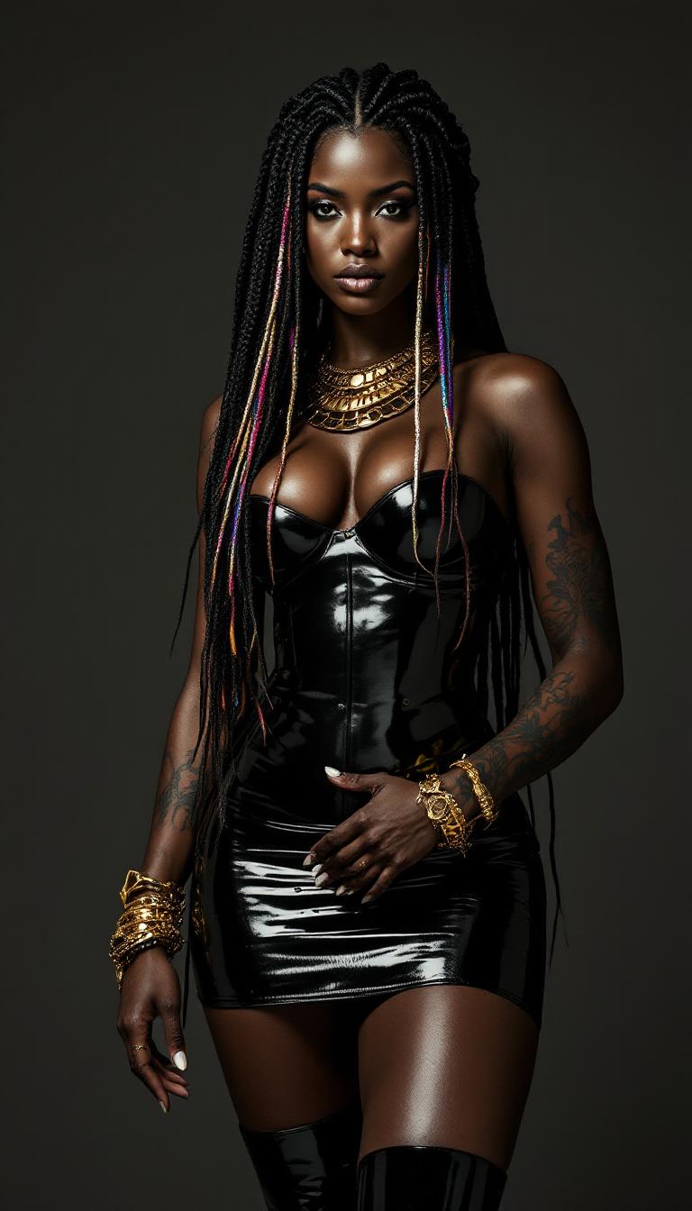 A strikingly powerful Nubian woman in her mid-20s, exuding unyielding confidence and raw strength, with a muscular yet elegantly proportioned build. Her long, jet-black hair is meticulously styled into intricate cornrows, interwoven with vibrant multicolored strands that shimmer and catch the light with every subtle movement, creating a mesmerizing cascade of color. She wears a sleek, form-fitting black leather micro-minidress, its glossy surface reflecting the surrounding glow with a mirror-like sheen, paired with a tight corset that cinches her waist, enhancing her commanding, statuesque presence. Her legs are clad in glossy black leather thigh-high boots, their polished, reflective finish adding a fierce, unapologetic edge to her silhouette. Bold tribal tattoos with sharp, intricate lines and patterns adorn her arms and neck, telling a story of heritage and resilience through their detailed artistry. Gold bracelets jingle softly on her wrists, and a heavy gold necklace rests against her collarbone, gleaming brilliantly under the ambient lights with a warm, radiant glow. Multiple ear piercings, adorned with small gold hoops and studs, amplify her fierce, rebellious aura. She stands as the undeniable focal point in the heart of a vibrant nightclub, surrounded by pulsating neon lights in electric blue, hot pink, and violet hues, casting dynamic, dramatic shadows across her powerful figure. In the background, a crowded dance floor buzzes with energy, featuring blurred silhouettes of partygoers lost in the rhythm, the air thick with faint wisps of smoke and the electric charge of late-night revelry. The composition is centered on her, captured from a slight low angle to emphasize her dominance and towering presence, framed tightly to highlight the intricate details of her outfit, tattoos, and jewelry. Her blood-red lips curl into a cruel, commanding sneer, radiating untouchable authority. The mood is sultry and electric, steeped in a late-night atmosphere of intensity and celebration, illuminated by dramatic, high-contrast lighting that accentuates the glossy shine of her leather attire and the radiant glow of her gold accessories. Rendered in a hyper-realistic digital art style with cinematic quality, featuring razor-sharp details, rich, tactile textures—such as the smooth gleam of leather and the intricate weave of her cornrows—and a polished, glossy finish that brings every element to vivid, lifelike clarity, with a focus on dramatic chiaroscuro lighting and a dynamic depth of field to enhance the scene's immersive impact.
