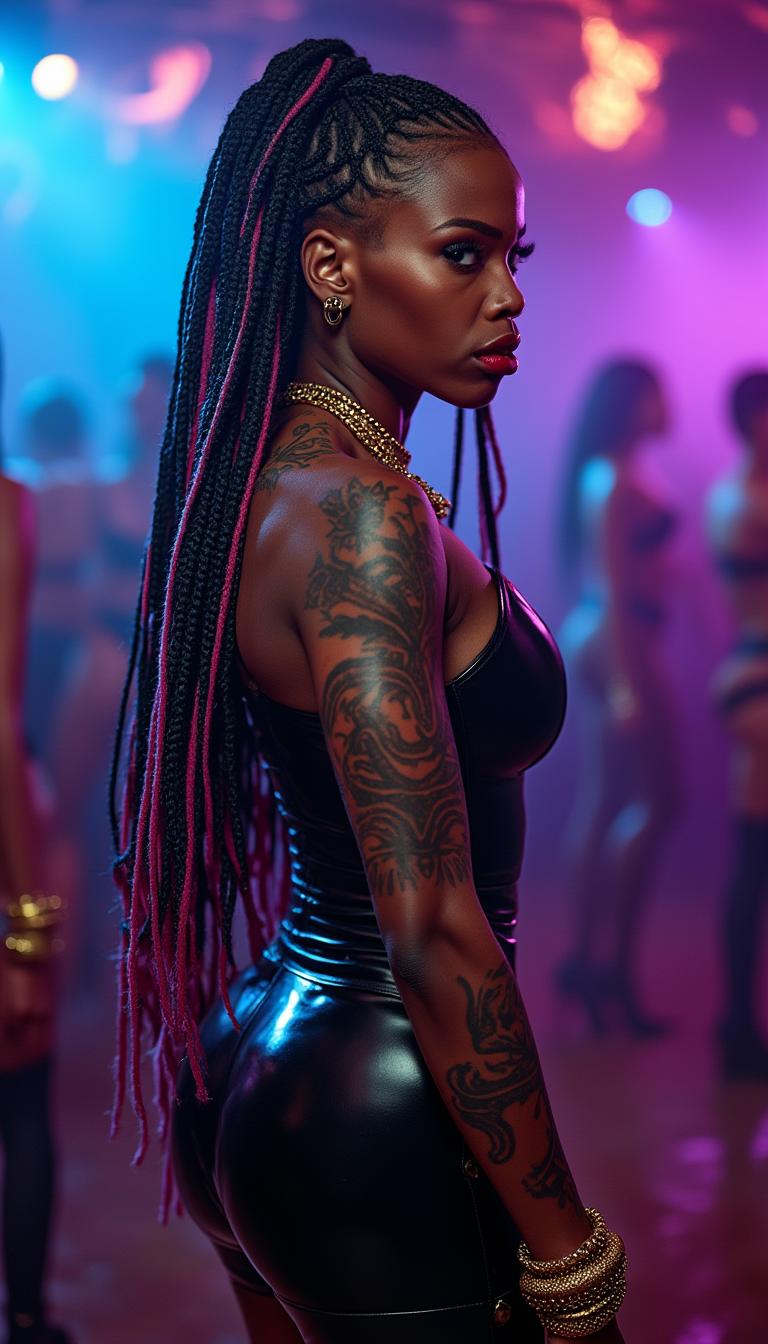 A strikingly powerful Nubian woman in her mid-20s, exuding unyielding confidence and raw strength, with a muscular yet elegantly proportioned build. Her long, jet-black hair is meticulously styled into intricate cornrows, interwoven with vibrant multicolored strands that shimmer and catch the light with every subtle movement, creating a mesmerizing cascade of color. She wears a sleek, form-fitting black leather micro-minidress, its glossy surface reflecting the surrounding glow with a mirror-like sheen, paired with a tight corset that cinches her waist, enhancing her commanding, statuesque presence. Her legs are clad in glossy black leather thigh-high boots, their polished, reflective finish adding a fierce, unapologetic edge to her silhouette. Bold tribal tattoos with sharp, intricate lines and patterns adorn her arms and neck, telling a story of heritage and resilience through their detailed artistry. Gold bracelets jingle softly on her wrists, and a heavy gold necklace rests against her collarbone, gleaming brilliantly under the ambient lights with a warm, radiant glow. Multiple ear piercings, adorned with small gold hoops and studs, amplify her fierce, rebellious aura. She stands as the undeniable focal point in the heart of a vibrant nightclub, surrounded by pulsating neon lights in electric blue, hot pink, and violet hues, casting dynamic, dramatic shadows across her powerful figure. In the background, a crowded dance floor buzzes with energy, featuring blurred silhouettes of partygoers lost in the rhythm, the air thick with faint wisps of smoke and the electric charge of late-night revelry. The composition is centered on her, captured from a slight low angle to emphasize her dominance and towering presence, framed tightly to highlight the intricate details of her outfit, tattoos, and jewelry. Her blood-red lips curl into a cruel, commanding sneer, radiating untouchable authority. The mood is sultry and electric, steeped in a late-night atmosphere of intensity and celebration, illuminated by dramatic, high-contrast lighting that accentuates the glossy shine of her leather attire and the radiant glow of her gold accessories. Rendered in a hyper-realistic digital art style with cinematic quality, featuring razor-sharp details, rich, tactile textures—such as the smooth gleam of leather and the intricate weave of her cornrows—and a polished, glossy finish that brings every element to vivid, lifelike clarity, with a focus on dramatic chiaroscuro lighting and a dynamic depth of field to enhance the scene's immersive impact.