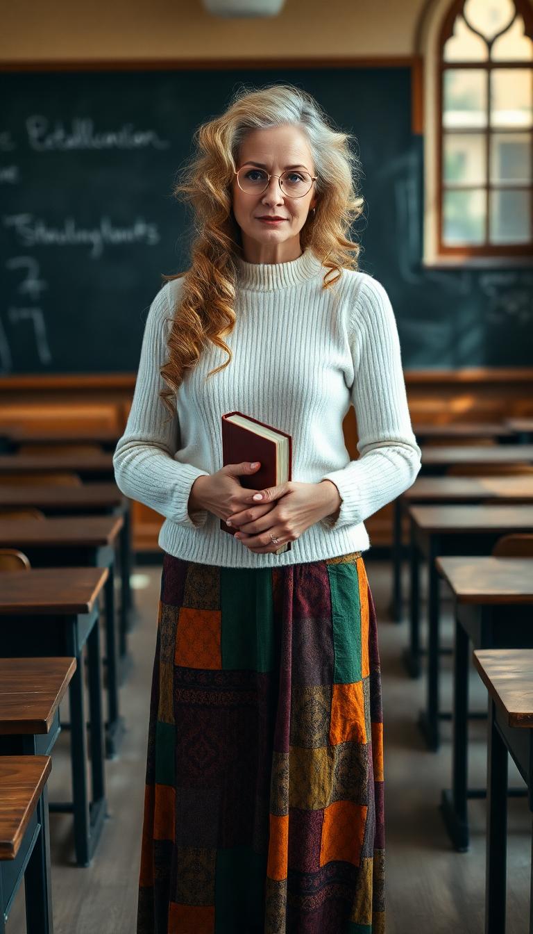 59-year-old mature woman, standing with graceful poise in a traditional college classroom, surrounded by rows of polished wooden desks and a weathered chalkboard in the background, adorned with faint traces of chalk dust. Her dirty blonde hair cascades in delicate, intricate ringlets and curls, flowing down her back and framing her face with an angelic yet haunting elegance, each strand rendered with hyper-detailed texture, shimmering as it catches the soft, natural light streaming through tall, arched windows. She wears a vibrant gypsy-style skirt, a patchwork of rich, earthy tones—deep burgundy, forest green, and golden ochre—flowing with bohemian fluidity, the fabric's intricate patterns and subtle wear adding depth and character, paired with a soft white cashmere sweater that gently clings to her form, exuding warmth and refined sophistication. Slim, round wire-framed glasses rest delicately on her nose, enhancing her intellectual charm and complementing her enigmatic, thoughtful expression. In her hands, she cradles an oily iridescent black crystal pyramid, its surface gleaming with mesmerizing, shifting hues of violet, indigo, and emerald under the light, its sharp edges and mysterious aura adding an element of intrigue to the scene.

The composition centers her slightly off to one side of the frame, captured in a three-quarter view that accentuates her poised posture and the intricate details of her attire, shot from a low camera angle to emphasize her commanding yet approachable presence. The classroom behind her fades into a gentle blur, with desks and chalkboard details softened by a painterly depth of field and subtle bokeh effect, drawing focus to her figure. The mood is nostalgic and serene, bathed in the warm, diffused glow of late afternoon golden hour light, casting long, soft shadows across the wooden floor and highlighting the textures of her clothing and hair with a luminous, ethereal quality. The atmosphere evokes a timeless, introspective feeling, as if frozen in a quiet moment of reflection.

The style is hyper-realistic with influences of classical portraiture, inspired by the masterful works of John Singer Sargent, emphasizing photorealistic textures in the fabric folds, the intricate curls of her hair, and the reflective sheen of the crystal pyramid. The image showcases fine attention to detail, with a painterly rendering of light and shadow, a rich color palette, and a balanced interplay of sharp foreground focus against a dreamy, softly blurred background, creating a captivating and emotionally resonant portrait.