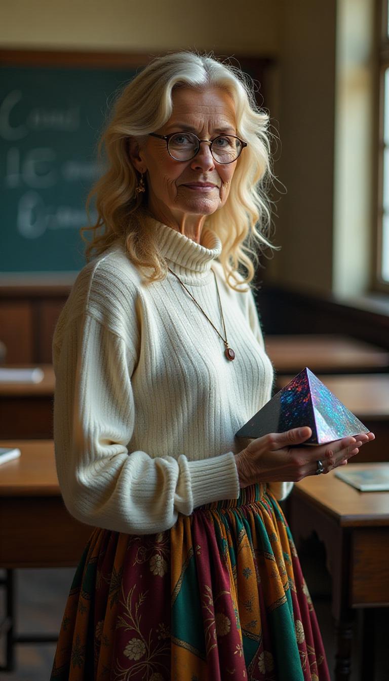 59-year-old mature woman, standing with graceful poise in a traditional college classroom, surrounded by rows of polished wooden desks and a weathered chalkboard in the background, adorned with faint traces of chalk dust. Her dirty blonde hair cascades in delicate, intricate ringlets and curls, flowing down her back and framing her face with an angelic yet haunting elegance, each strand rendered with hyper-detailed texture, shimmering as it catches the soft, natural light streaming through tall, arched windows. She wears a vibrant gypsy-style skirt, a patchwork of rich, earthy tones—deep burgundy, forest green, and golden ochre—flowing with bohemian fluidity, the fabric's intricate patterns and subtle wear adding depth and character, paired with a soft white cashmere sweater that gently clings to her form, exuding warmth and refined sophistication. Slim, round wire-framed glasses rest delicately on her nose, enhancing her intellectual charm and complementing her enigmatic, thoughtful expression. In her hands, she cradles an oily iridescent black crystal pyramid, its surface gleaming with mesmerizing, shifting hues of violet, indigo, and emerald under the light, its sharp edges and mysterious aura adding an element of intrigue to the scene.

The composition centers her slightly off to one side of the frame, captured in a three-quarter view that accentuates her poised posture and the intricate details of her attire, shot from a low camera angle to emphasize her commanding yet approachable presence. The classroom behind her fades into a gentle blur, with desks and chalkboard details softened by a painterly depth of field and subtle bokeh effect, drawing focus to her figure. The mood is nostalgic and serene, bathed in the warm, diffused glow of late afternoon golden hour light, casting long, soft shadows across the wooden floor and highlighting the textures of her clothing and hair with a luminous, ethereal quality. The atmosphere evokes a timeless, introspective feeling, as if frozen in a quiet moment of reflection.

The style is hyper-realistic with influences of classical portraiture, inspired by the masterful works of John Singer Sargent, emphasizing photorealistic textures in the fabric folds, the intricate curls of her hair, and the reflective sheen of the crystal pyramid. The image showcases fine attention to detail, with a painterly rendering of light and shadow, a rich color palette, and a balanced interplay of sharp foreground focus against a dreamy, softly blurred background, creating a captivating and emotionally resonant portrait.