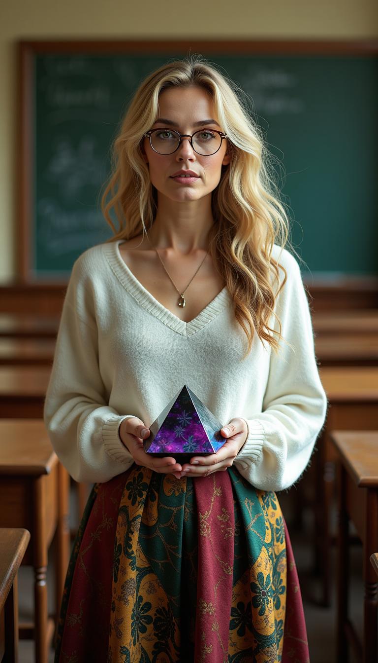 59-year-old mature woman, standing with graceful poise in a traditional college classroom, surrounded by rows of polished wooden desks and a weathered chalkboard in the background, adorned with faint traces of chalk dust. Her dirty blonde hair cascades in delicate, intricate ringlets and curls, flowing down her back and framing her face with an angelic yet haunting elegance, each strand rendered with hyper-detailed texture, shimmering as it catches the soft, natural light streaming through tall, arched windows. She wears a vibrant gypsy-style skirt, a patchwork of rich, earthy tones—deep burgundy, forest green, and golden ochre—flowing with bohemian fluidity, the fabric's intricate patterns and subtle wear adding depth and character, paired with a soft white cashmere sweater that gently clings to her form, exuding warmth and refined sophistication. Slim, round wire-framed glasses rest delicately on her nose, enhancing her intellectual charm and complementing her enigmatic, thoughtful expression. In her hands, she cradles an oily iridescent black crystal pyramid, its surface gleaming with mesmerizing, shifting hues of violet, indigo, and emerald under the light, its sharp edges and mysterious aura adding an element of intrigue to the scene.

The composition centers her slightly off to one side of the frame, captured in a three-quarter view that accentuates her poised posture and the intricate details of her attire, shot from a low camera angle to emphasize her commanding yet approachable presence. The classroom behind her fades into a gentle blur, with desks and chalkboard details softened by a painterly depth of field and subtle bokeh effect, drawing focus to her figure. The mood is nostalgic and serene, bathed in the warm, diffused glow of late afternoon golden hour light, casting long, soft shadows across the wooden floor and highlighting the textures of her clothing and hair with a luminous, ethereal quality. The atmosphere evokes a timeless, introspective feeling, as if frozen in a quiet moment of reflection.

The style is hyper-realistic with influences of classical portraiture, inspired by the masterful works of John Singer Sargent, emphasizing photorealistic textures in the fabric folds, the intricate curls of her hair, and the reflective sheen of the crystal pyramid. The image showcases fine attention to detail, with a painterly rendering of light and shadow, a rich color palette, and a balanced interplay of sharp foreground focus against a dreamy, softly blurred background, creating a captivating and emotionally resonant portrait.