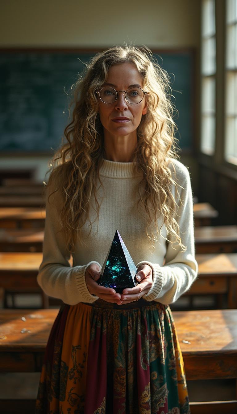 59-year-old mature woman, standing with graceful poise in a traditional college classroom, surrounded by rows of polished wooden desks and a weathered chalkboard in the background, adorned with faint traces of chalk dust. Her dirty blonde hair cascades in delicate, intricate ringlets and curls, flowing down her back and framing her face with an angelic yet haunting elegance, each strand rendered with hyper-detailed texture, shimmering as it catches the soft, natural light streaming through tall, arched windows. She wears a vibrant gypsy-style skirt, a patchwork of rich, earthy tones—deep burgundy, forest green, and golden ochre—flowing with bohemian fluidity, the fabric's intricate patterns and subtle wear adding depth and character, paired with a soft white cashmere sweater that gently clings to her form, exuding warmth and refined sophistication. Slim, round wire-framed glasses rest delicately on her nose, enhancing her intellectual charm and complementing her enigmatic, thoughtful expression. In her hands, she cradles an oily iridescent black crystal pyramid, its surface gleaming with mesmerizing, shifting hues of violet, indigo, and emerald under the light, its sharp edges and mysterious aura adding an element of intrigue to the scene.

The composition centers her slightly off to one side of the frame, captured in a three-quarter view that accentuates her poised posture and the intricate details of her attire, shot from a low camera angle to emphasize her commanding yet approachable presence. The classroom behind her fades into a gentle blur, with desks and chalkboard details softened by a painterly depth of field and subtle bokeh effect, drawing focus to her figure. The mood is nostalgic and serene, bathed in the warm, diffused glow of late afternoon golden hour light, casting long, soft shadows across the wooden floor and highlighting the textures of her clothing and hair with a luminous, ethereal quality. The atmosphere evokes a timeless, introspective feeling, as if frozen in a quiet moment of reflection.

The style is hyper-realistic with influences of classical portraiture, inspired by the masterful works of John Singer Sargent, emphasizing photorealistic textures in the fabric folds, the intricate curls of her hair, and the reflective sheen of the crystal pyramid. The image showcases fine attention to detail, with a painterly rendering of light and shadow, a rich color palette, and a balanced interplay of sharp foreground focus against a dreamy, softly blurred background, creating a captivating and emotionally resonant portrait.