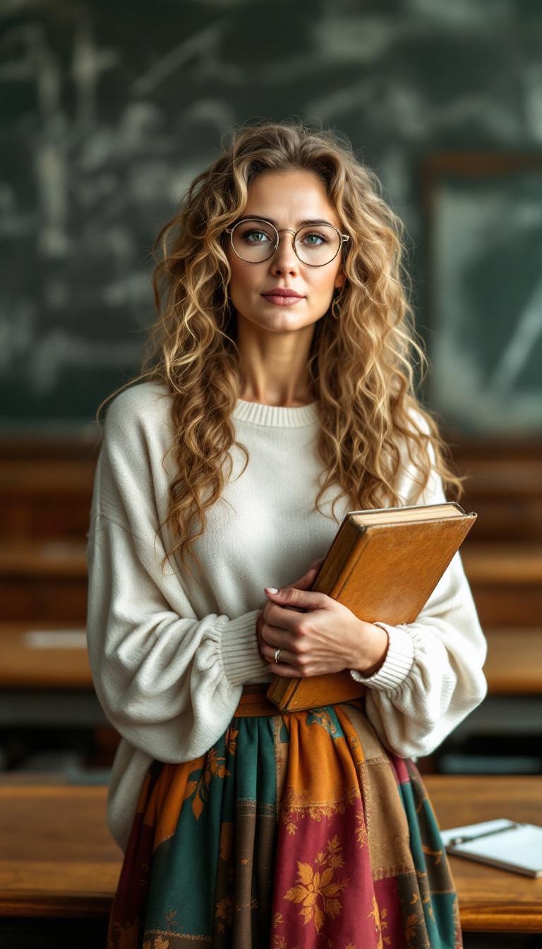 59-year-old mature woman, standing with graceful poise in a traditional college classroom, surrounded by rows of polished wooden desks and a weathered chalkboard in the background, adorned with faint traces of chalk dust. Her dirty blonde hair cascades in delicate, intricate ringlets and curls, flowing down her back and framing her face with an angelic yet haunting elegance, each strand rendered with hyper-detailed texture, shimmering as it catches the soft, natural light streaming through tall, arched windows. She wears a vibrant gypsy-style skirt, a patchwork of rich, earthy tones—deep burgundy, forest green, and golden ochre—flowing with bohemian fluidity, the fabric's intricate patterns and subtle wear adding depth and character, paired with a soft white cashmere sweater that gently clings to her form, exuding warmth and refined sophistication. Slim, round wire-framed glasses rest delicately on her nose, enhancing her intellectual charm and complementing her enigmatic, thoughtful expression. In her hands, she cradles an oily iridescent black crystal pyramid, its surface gleaming with mesmerizing, shifting hues of violet, indigo, and emerald under the light, its sharp edges and mysterious aura adding an element of intrigue to the scene.

The composition centers her slightly off to one side of the frame, captured in a three-quarter view that accentuates her poised posture and the intricate details of her attire, shot from a low camera angle to emphasize her commanding yet approachable presence. The classroom behind her fades into a gentle blur, with desks and chalkboard details softened by a painterly depth of field and subtle bokeh effect, drawing focus to her figure. The mood is nostalgic and serene, bathed in the warm, diffused glow of late afternoon golden hour light, casting long, soft shadows across the wooden floor and highlighting the textures of her clothing and hair with a luminous, ethereal quality. The atmosphere evokes a timeless, introspective feeling, as if frozen in a quiet moment of reflection.

The style is hyper-realistic with influences of classical portraiture, inspired by the masterful works of John Singer Sargent, emphasizing photorealistic textures in the fabric folds, the intricate curls of her hair, and the reflective sheen of the crystal pyramid. The image showcases fine attention to detail, with a painterly rendering of light and shadow, a rich color palette, and a balanced interplay of sharp foreground focus against a dreamy, softly blurred background, creating a captivating and emotionally resonant portrait.
