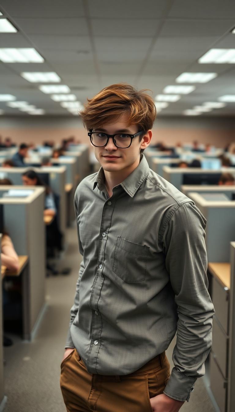 Late 20s, slim, pretty man. Effeminate  with dark auburn hair messy and shaggy. Thick glasses and freckles. Wearing a button down dress shirt and khakis. Standing in a large office filled with cubicles populated by people
