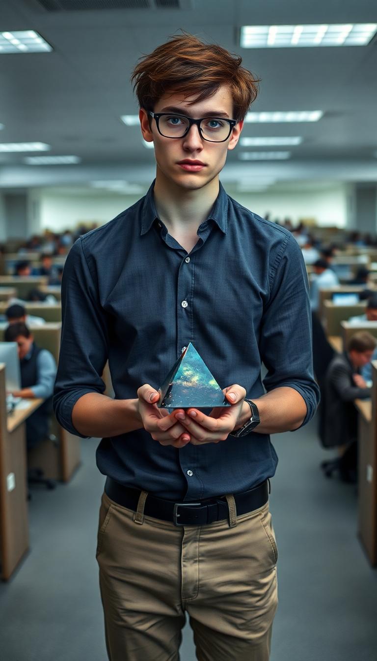 Late 20s, slim, pretty man. Effeminate  with dark auburn hair messy and shaggy. Thick glasses and freckles. Wearing a button down dress shirt and khakis. Standing in a large office filled with cubicles populated by people. Sad looking. Holding a small iridescent black crystal pyramid