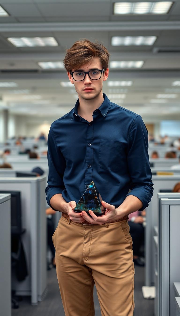 Late 20s, slim, pretty man. Effeminate  with dark auburn hair messy and shaggy. Thick glasses and freckles. Wearing a dark blue button down dress shirt and light tan khakis. Standing in a large office filled with cubicles populated by people. Sad looking. Holding a small iridescent black crystal pyramid