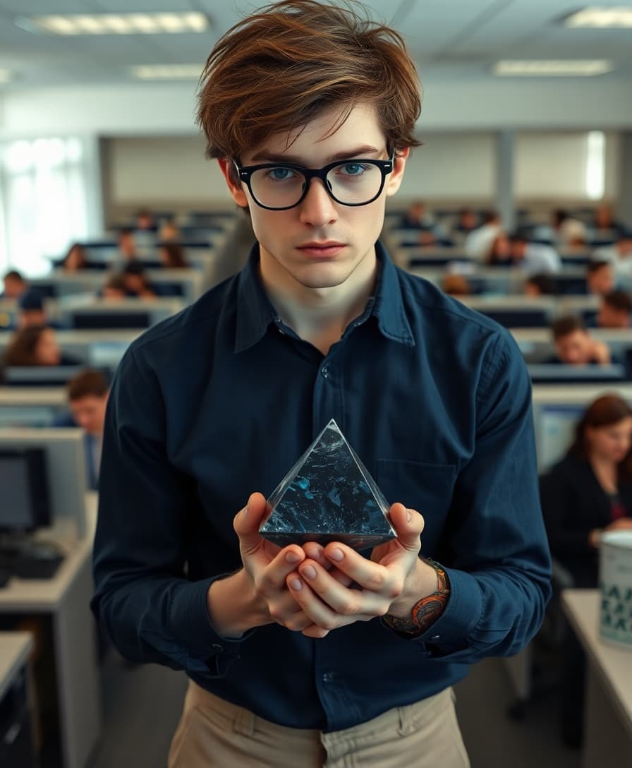 Late 20s, slim, pretty man. Effeminate  with dark auburn hair messy and shaggy. Thick glasses and freckles. Wearing a dark blue button down dress shirt and light tan khakis. Standing in a large office filled with cubicles populated by people. Sad looking. Holding a small iridescent black crystal pyramid