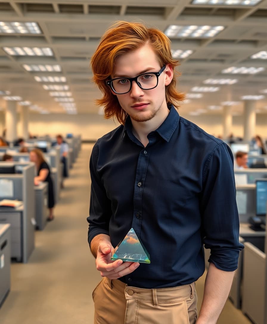 Late 20s, slim, pretty man. Effeminate  with thick messy shoulder length red hair. Thick glasses and freckles. Wearing a dark blue button down dress shirt and light tan khakis. Standing in a large office filled with cubicles populated by people. Sad looking. Holding a small iridescent black crystal pyramid