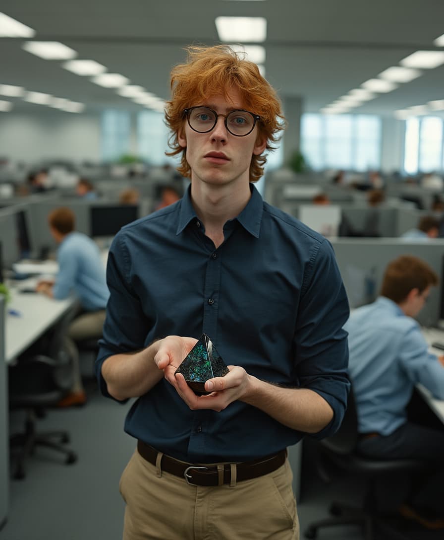 Late 20s, slim, pretty man. Clean shaven, Effeminate  with thick messy shoulder length red hair. Thick glasses and freckles. Wearing a dark blue button down dress shirt and light tan khakis. Standing in a large office filled with cubicles populated by people. Sad looking. Holding a small iridescent black crystal pyramid