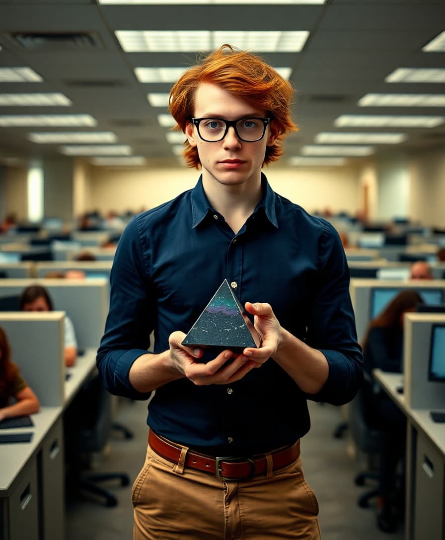 A late 20s, slim, and strikingly pretty man with an effeminate charm, standing in a bustling office environment. He has clean-shaven, fair skin adorned with a scattering of freckles across his cheeks and nose, and thick, messy shoulder-length red hair that cascades in soft, untamed waves. His expressive eyes are framed by thick, slightly oversized glasses that add a touch of quirky sophistication. He wears a tailored dark blue button-down dress shirt, sleeves rolled up slightly, paired with light tan khakis that fit neatly at his slender frame. In his delicate hands, he holds a small, iridescent black crystal pyramid, its surface shimmering with subtle hues of violet and green under the fluorescent office lights. The large office around him is filled with rows of cubicles, each occupied by busy workers typing or talking, creating a sense of mundane corporate chaos. The composition focuses on the man as the central figure, captured from a slightly low angle to emphasize his melancholic expression and the weight of his sadness. His face carries a poignant, wistful look, with downturned lips and distant eyes, contrasting with the indifferent energy of the office. The lighting is cool and artificial, casting soft shadows across his features, while the atmosphere feels heavy with a quiet, introspective sorrow. The style is photorealistic, with a cinematic depth of field—sharp focus on the man and the crystal pyramid, while the background cubicles and workers blur slightly, mimicking a professional portrait lens effect. The overall mood is somber and isolated, evoking a sense of disconnection amidst a crowded, impersonal space.