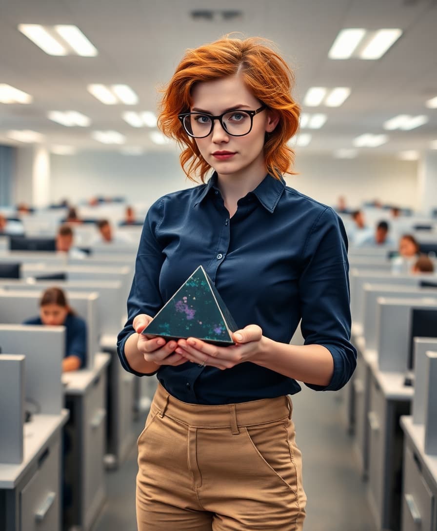 A late 20s, slim, and strikingly pretty woman with an feminine charm, standing in a bustling office environment. fair skin adorned with a scattering of freckles across his cheeks and nose, and thick, messy shoulder-length red hair that cascades in soft, untamed waves. His expressive eyes are framed by thick, slightly oversized glasses that add a touch of quirky sophistication. He wears a tailored dark blue button-down dress shirt, sleeves rolled up slightly, paired with light tan khakis that fit neatly at his slender frame. In his delicate hands, he holds a small, iridescent black crystal pyramid, its surface shimmering with subtle hues of violet and green under the fluorescent office lights. The large office around him is filled with rows of cubicles, each occupied by busy workers typing or talking, creating a sense of mundane corporate chaos. The composition focuses on the man as the central figure, captured from a slightly low angle to emphasize his melancholic expression and the weight of her sadness. Her face carries a poignant, wistful look, with downturned lips and distant eyes, contrasting with the indifferent energy of the office. The lighting is cool and artificial, casting soft shadows across his features, while the atmosphere feels heavy with a quiet, introspective sorrow. The style is photorealistic, with a cinematic depth of field—sharp focus on the man and the crystal pyramid, while the background cubicles and workers blur slightly, mimicking a professional portrait lens effect. The overall mood is somber and isolated, evoking a sense of disconnection amidst a crowded, impersonal space.