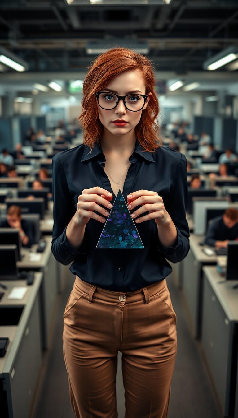 A strikingly beautiful woman in her late 20s, slim and exuding feminine charm, stands as the central figure in a bustling office environment. Her fair skin is delicately sprinkled with freckles across her cheeks and nose, complementing her thick, messy shoulder-length red hair that falls in soft, untamed waves. Her expressive eyes, framed by thick, slightly oversized glasses, add a quirky sophistication to her appearance. She wears a tailored dark blue latex blouse and light tan latex khakis, both fitting her slender frame with precision. In her delicate hands, she holds a small, iridescent black crystal pyramid, its surface shimmering with subtle hues of violet and green, catching the cool, fluorescent office lighting in mesmerizing reflections. Surrounding her is a large, chaotic corporate office filled with rows of cubicles, each occupied by busy workers typing furiously or engaged in muted conversations, creating an atmosphere of mundane routine. The composition is framed from a slightly low camera angle, emphasizing her melancholic expression and the weight of her sadness, with her face displaying a poignant, wistful look—downturned lips and distant eyes that contrast sharply with the indifferent energy of the office around her. The lighting is cool and artificial, casting soft shadows across her features, while the atmosphere feels heavy with quiet, introspective sorrow. The style is photorealistic, with a cinematic depth of field—sharp focus on the woman and the crystal pyramid, while the background cubicles and workers blur slightly, mimicking the effect of a professional portrait lens with a shallow depth of field. Textures are meticulously detailed, from the glossy sheen of her latex outfit to the subtle imperfections of her freckled skin and the reflective facets of the crystal. The overall mood is somber and isolated, evoking a profound sense of disconnection amidst the crowded, impersonal space, with a color palette dominated by cool blues and grays, punctuated by the warm tones of her red hair and the mystical shimmer of the pyramid.