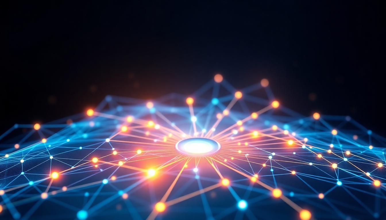 A vibrant and professional abstract composition for a LinkedIn article, featuring a dynamic network of interconnected nodes and lines symbolizing an AI workflow for relationship management. The design showcases a futuristic digital grid in shades of deep blue, electric cyan, and warm gold, with smooth gradients and glowing accents that highlight the connections. The texture is sleek and polished, resembling a high-tech interface with subtle geometric patterns and soft light flares. The artistic style is modern digital art, inspired by cyberpunk aesthetics and data visualization. The composition is balanced, with a central focal point of a radiant core where multiple lines converge, surrounded by a harmonious flow of abstract shapes, viewed from a slightly tilted, isometric perspective for depth. The mood is innovative and forward-thinking, evoking a sense of connectivity and efficiency, set against a dark, infinite background with a faint shimmer, suggesting a cutting-edge digital realm. The image is sharp and detailed, with a high-resolution finish, optimized for professional use.