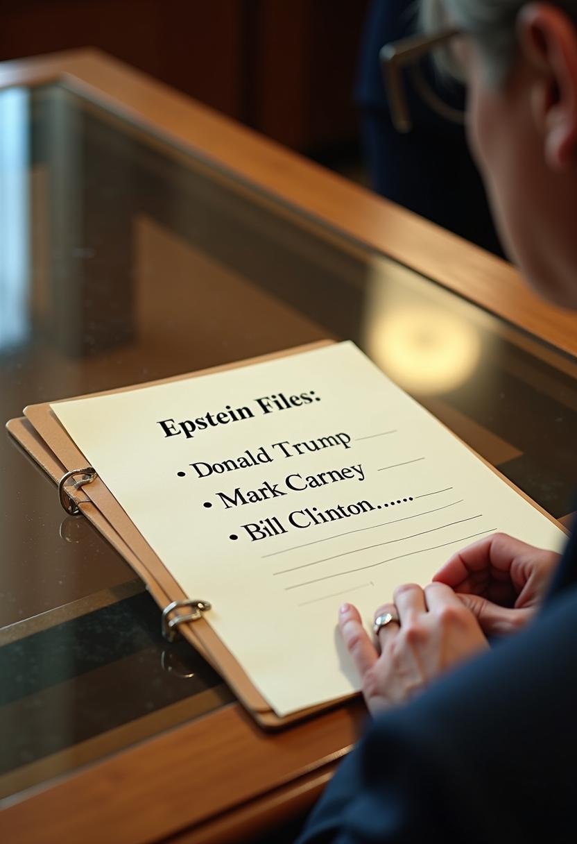 looking at a file that is slightly open sitting on a oak and glass wooden desk showing names "Epstein Files: - Donald Trump - Mark Carney - Bill Clinton...." sans serif fonts Shot with a Canon EF 400mm f/2.8 lens on a Canon 1DX Mark III, every detail is captured in razor-sharp focus