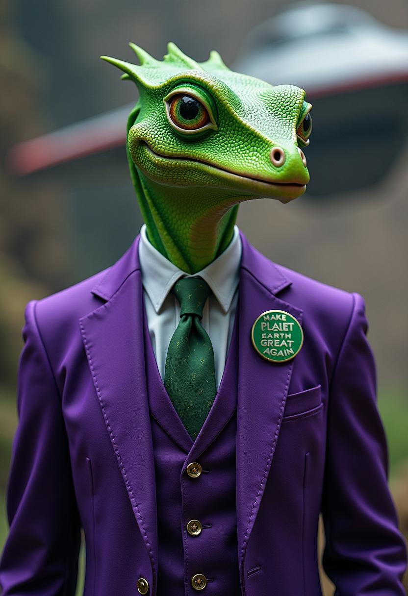 a lizard green alien with a wearing a purple suite, green pin on his chest with the TEXT that reads "MAKE PLAET EARTH GREAT AGAIN" sans serif font BACKGROUND AN ALIEN SHIP in the background, alien, concept art, space art Shot with a Canon EF 400mm f/2.8 lens on a Canon 1DX Mark III, every detail is captured in razor-sharp focus