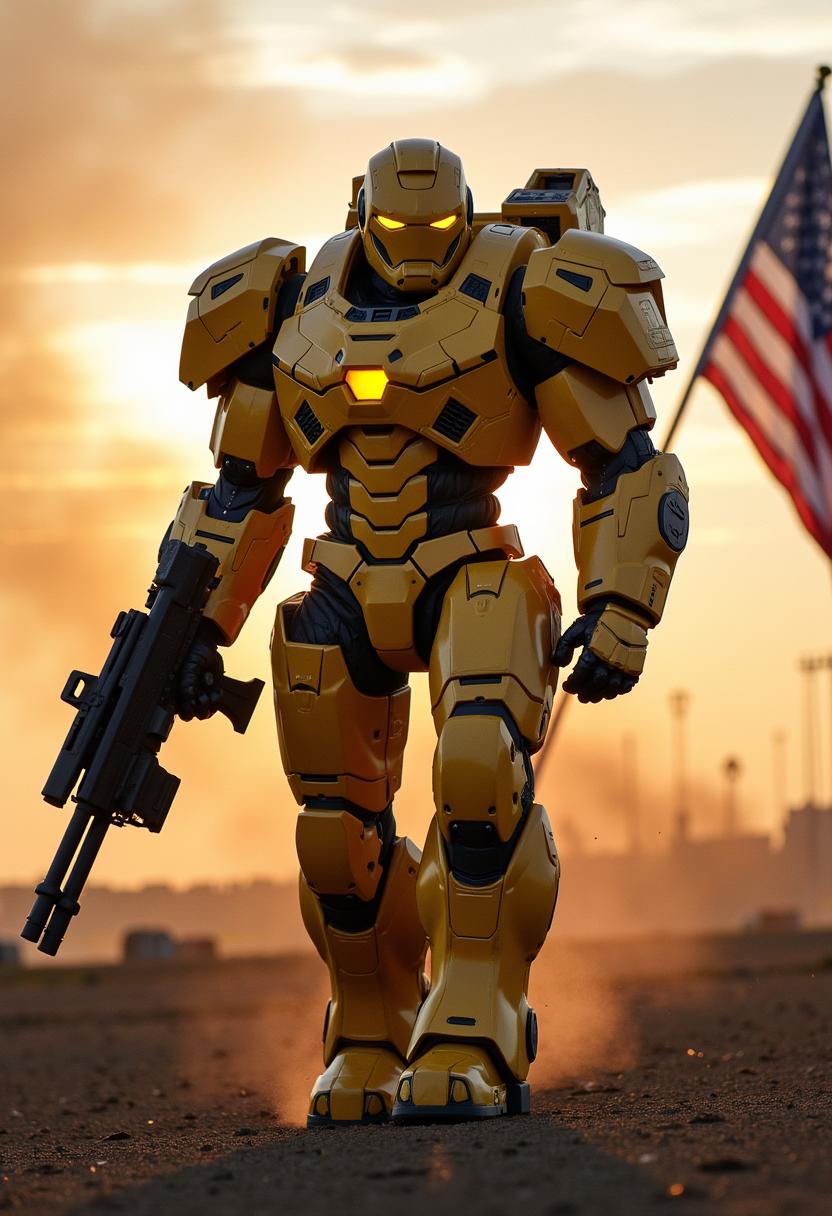 A portrait photo of a photo of MUSK,  Maximus power armor with heavy weapons on at the battlefield. His exoskeleton is a polished yellow ceramic. He walking through a battlefield that is shown with power armor emitting fire and plumes of smoke in a post apocalyptic battlefield. US tattered flag, Shot with a Canon EF 400mm f/2.8 lens on a Canon 1DX Mark III, every detail is captured in razor-sharp focus