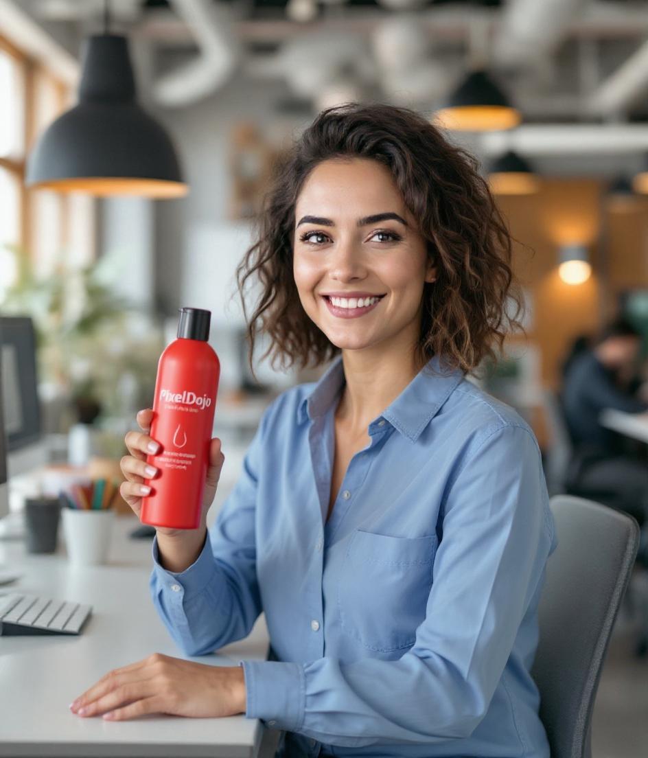 she is wearing a blue shirt and holding a red shampoo bottle that says PixelDojo (edited with Flux Kontext Max)