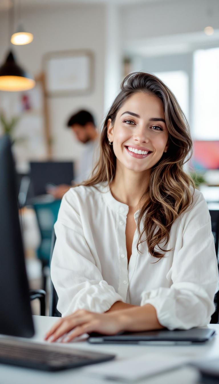 a portrait photo of a woman in a modern office space