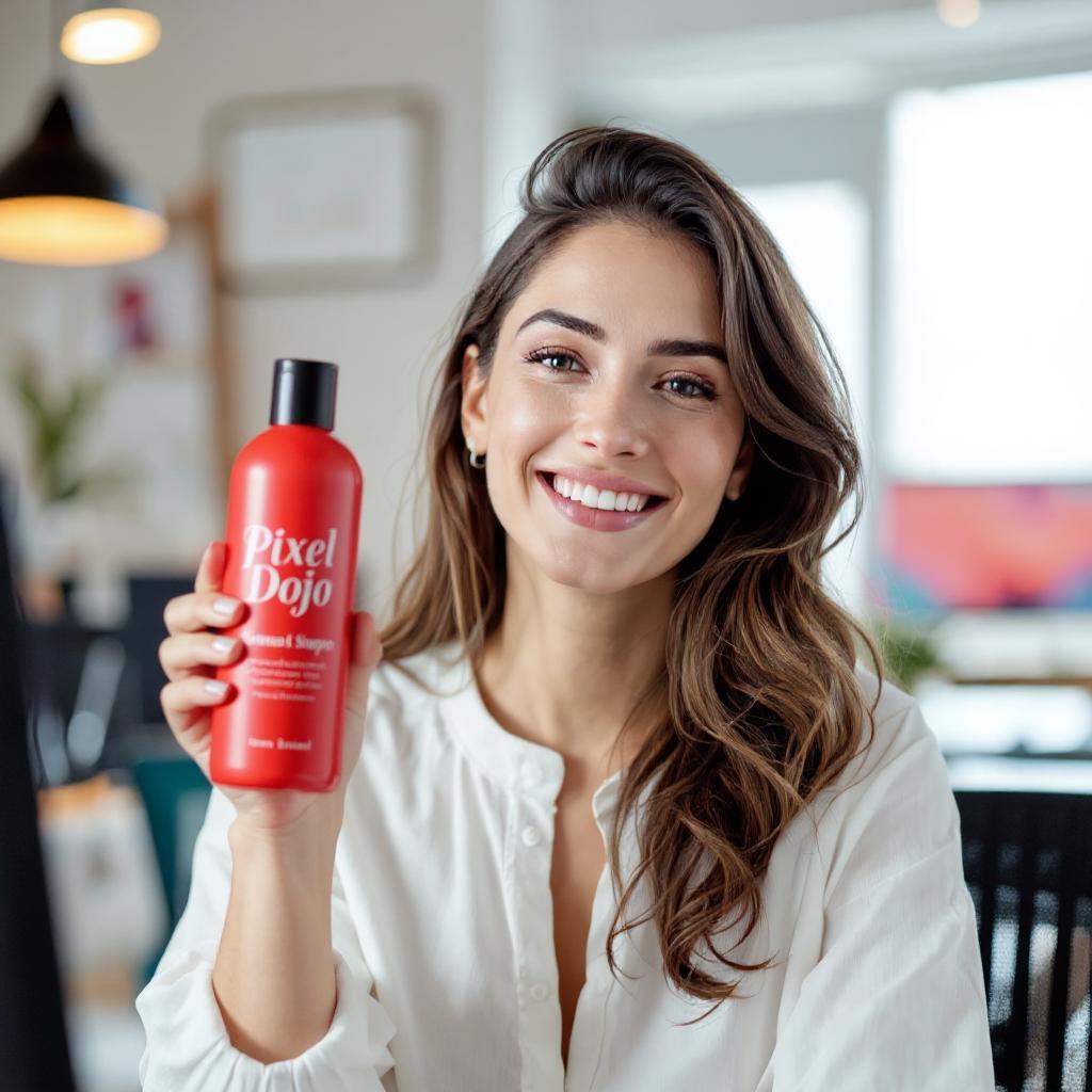 holding a red shampoo bottle that reads "Pixel Dojo" (edited with Flux Kontext Max)