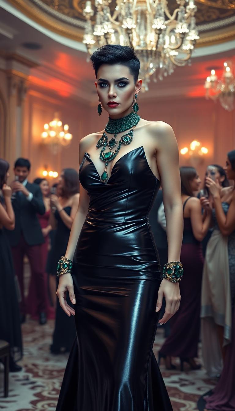 Amazonian heavily muscled mid 30s, pale and vampiric woman. Short spiky black hair, bright blue eyes. Dressed in a floor length skin tight slinky shiny metallic black gown. Neck, ears and wrists draped in emerald & gold jewelry. Her makeup is gothic and heavy. She stands in a lavish ballroom. Surrounded by other beautiful people dancing and drinking champagne