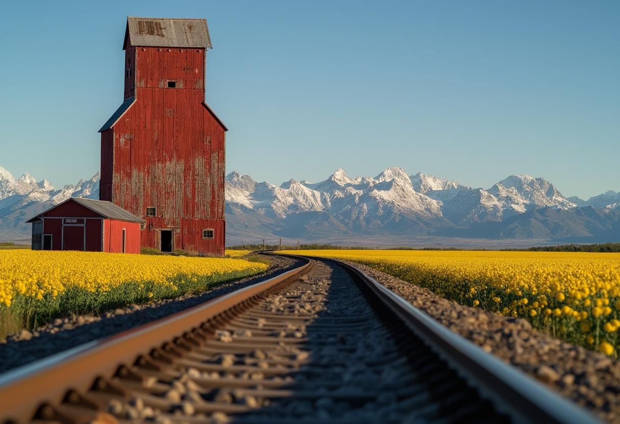 A towering grain elevator stands prominently beside weathered train tracks, its rustic painted red wooden texture and faded red paint telling stories of time, set against the vibrant golden expanse of a canola field stretching into the distance. In the background, the majestic Canadian Rockies rise with snow-capped peaks under a crisp blue sky, their rugged details vivid and imposing. The scene is captured in the rural landscape near the town of Olds, Alberta, during late afternoon, with warm golden hour light casting long shadows and illuminating the field with a soft, glowing hue. Shot with a Canon EF 400mm f/2.8 lens on a Canon 1DX Mark III, every detail is rendered in razor-sharp focus, from the intricate grain of the elevator wood to the delicate petals of canola flowers. The composition is framed with a low-angle perspective, emphasizing the height of the grain elevator as the central subject, while the train tracks lead the eye toward the distant mountains. The mood is serene and nostalgic, evoking the quiet beauty of the Canadian prairies, with a hyper-realistic photographic style, showcasing exceptional depth of field and dynamic range.