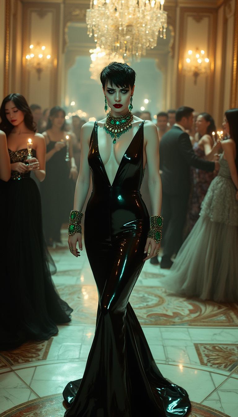 A striking Amazonian weightlifter, a pale and vampiric woman in her mid-30s, with an ethereal, otherworldly presence. She has short, spiky black hair and piercing bright blue eyes that contrast sharply with her ghostly complexion. Her powerful, muscular frame is accentuated by a floor-length, skin-tight, shiny metallic black gown that gleams under the light, hugging every curve with a mirror-like finish. Her neck, ears, and wrists are adorned with opulent emerald and gold jewelry, the deep green stones sparkling with an almost supernatural glow. Her makeup is heavy and gothic, with dark, smoky eyeshadow, sharp black eyeliner, and deep crimson lips, enhancing her haunting beauty. She stands confidently in the center of a lavish, grand ballroom with gilded walls, crystal chandeliers casting warm golden light, and intricate marble floors reflecting the opulence. Surrounding her are other beautiful, elegantly dressed people, dancing gracefully and sipping champagne from delicate flutes, their laughter and murmurs filling the air. The composition focuses on her as the commanding focal point, captured from a low angle to emphasize her towering, imposing stature, while the crowd blurs slightly in the background to create depth. The mood is mysterious and decadent, with a late-evening ambiance, soft ambient lighting, and a subtle haze of luxury. The style is a blend of gothic romanticism and high-fashion photography, with hyper-detailed textures in her gown and jewelry, dramatic contrast between light and shadow, and a cinematic quality reminiscent of a Tim Burton film.