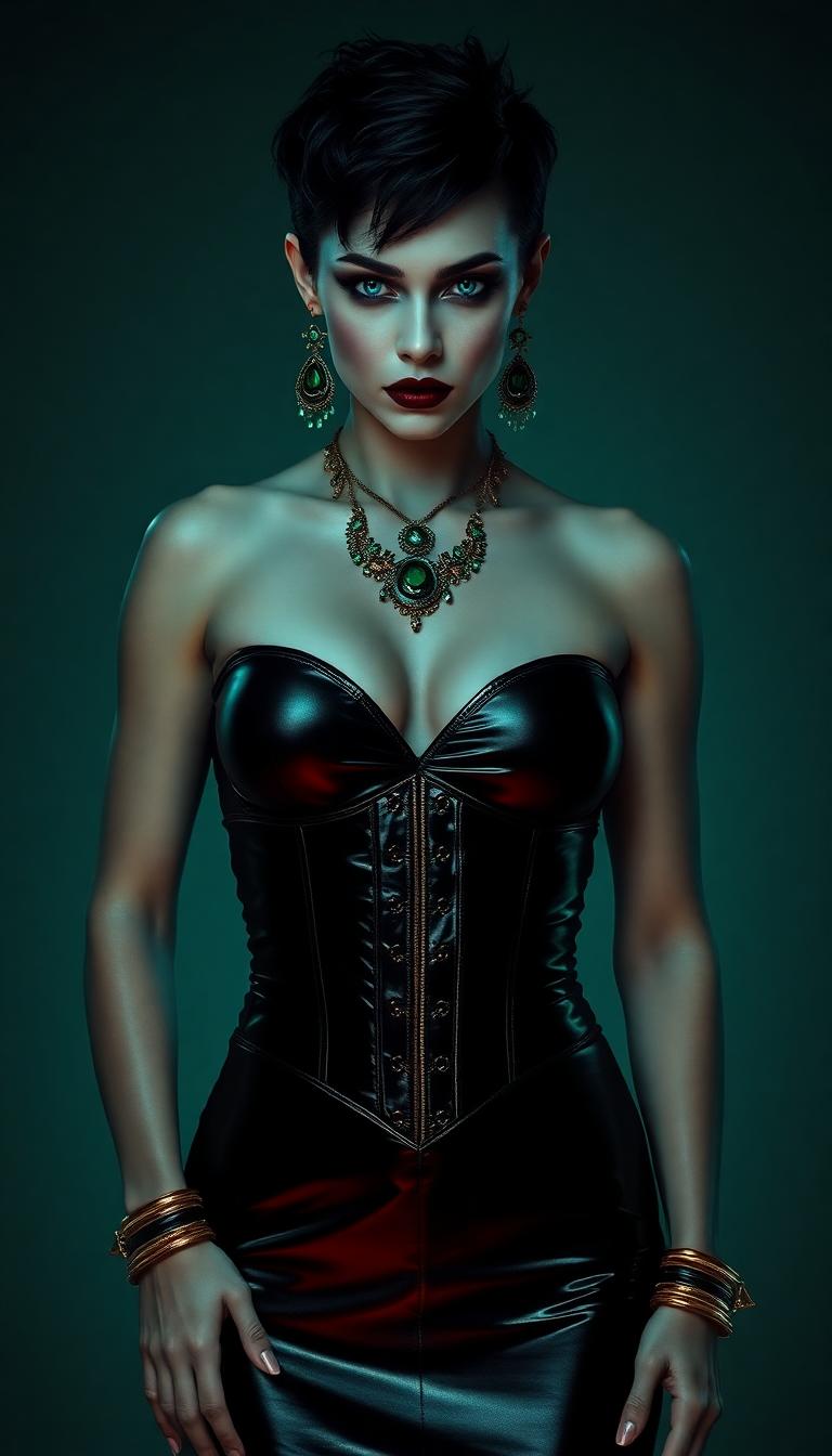 A mesmerizing Amazonian woman in her mid-30s, radiating a pale, vampiric allure with an ethereal, otherworldly presence, commands the scene as the central figure. Her ghostly, porcelain complexion contrasts vividly with her short, spiky jet-black hair and piercing, luminescent bright blue eyes that glow with an unnatural, hypnotic intensity. Her powerful, muscular frame is accentuated by a floor-length, skin-tight metallic black satin gown, its mirror-like finish reflecting light with a sleek, liquid-metal sheen, clinging to every curve with flawless precision. A shiny gold latex corset cinches her torso, adding a bold, futuristic edge to her striking silhouette. Opulent emerald and gold jewelry—necklace, earrings, and bracelets—adorns her, the deep green stones shimmering with a supernatural, otherworldly luminescence. Her gothic makeup is captivating: dark, smoky eyeshadow seamlessly blends into sharp, dramatic black eyeliner, while deep crimson lips enhance her haunting, mesmerizing beauty. She stands with unshakable confidence in the heart of a lavish, grand ballroom, surrounded by gilded walls intricately carved with baroque details, massive crystal chandeliers casting a warm, golden glow, and polished marble floors reflecting the opulence above. Around her, elegantly dressed figures in flowing silk gowns and tailored tuxedos dance with graceful fluidity, sipping champagne from delicate crystal flutes, their soft laughter and murmurs creating a lively yet distant hum of sophistication. The composition is framed from a low camera angle, emphasizing her towering, imposing stature as the commanding focal point, with the crowd subtly blurred in the background to enhance depth and draw the eye to her dominance. The mood is mysterious and decadent, steeped in a late-evening ambiance, with soft, ambient lighting filtering through a delicate haze of luxury and intrigue, casting dramatic shadows and glowing highlights. The style fuses gothic romanticism with high-fashion photography, showcasing hyper-detailed textures in the reflective satin gown, glossy latex corset, and radiant jewelry, while embracing a cinematic, Tim Burton-inspired dark fantasy aesthetic with sophisticated elegance, sharp contrasts, and a hauntingly beautiful atmosphere.