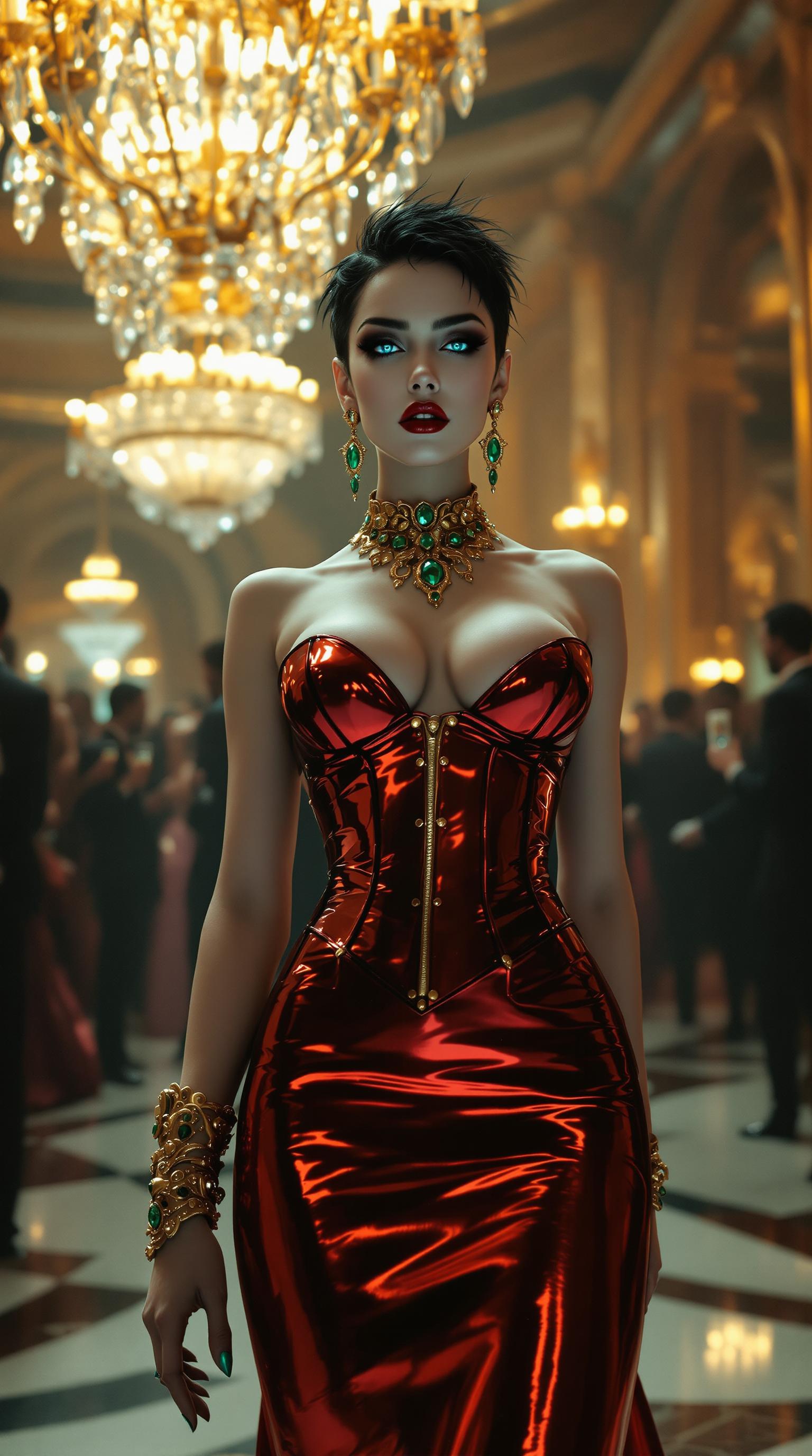 A mesmerizing Amazonian woman in her mid-30s, radiating a pale, vampiric allure with an ethereal, otherworldly presence, commands the scene as the central figure. Her ghostly, porcelain complexion contrasts vividly with her short, spiky jet-black hair and piercing, luminescent bright blue eyes that glow with an unnatural, hypnotic intensity. Her powerful, muscular frame is accentuated by a floor-length, skin-tight metallic crimson satin gown, its mirror-like finish reflecting light with a sleek, liquid-metal sheen, clinging to every curve with flawless precision. A shiny gold latex corset cinches her torso, adding a bold, futuristic edge to her striking silhouette. Opulent emerald and gold jewelry—necklace, earrings, and bracelets—adorns her, the deep green stones shimmering with a supernatural, otherworldly luminescence. Her gothic makeup is captivating: dark, smoky eyeshadow seamlessly blends into sharp, dramatic black eyeliner, while deep crimson lips enhance her haunting, mesmerizing beauty. She stands with unshakable confidence in the heart of a lavish, grand ballroom, surrounded by gilded walls intricately carved with baroque details, massive crystal chandeliers casting a warm, golden glow, and polished marble floors reflecting the opulence above. Around her, elegantly dressed figures in flowing silk gowns and tailored tuxedos dance with graceful fluidity, sipping champagne from delicate crystal flutes, their soft laughter and murmurs creating a lively yet distant hum of sophistication. The composition is framed from a low camera angle, emphasizing her towering, imposing stature as the commanding focal point, with the crowd subtly blurred in the background to enhance depth and draw the eye to her dominance. The mood is mysterious and decadent, steeped in a late-evening ambiance, with soft, ambient lighting filtering through a delicate haze of luxury and intrigue, casting dramatic shadows and glowing highlights. The style fuses gothic romanticism with high-fashion photography, showcasing hyper-detailed textures in the reflective satin gown, glossy latex corset, and radiant jewelry, while embracing a cinematic, Tim Burton-inspired dark fantasy aesthetic with sophisticated elegance, sharp contrasts, and a hauntingly beautiful atmosphere.