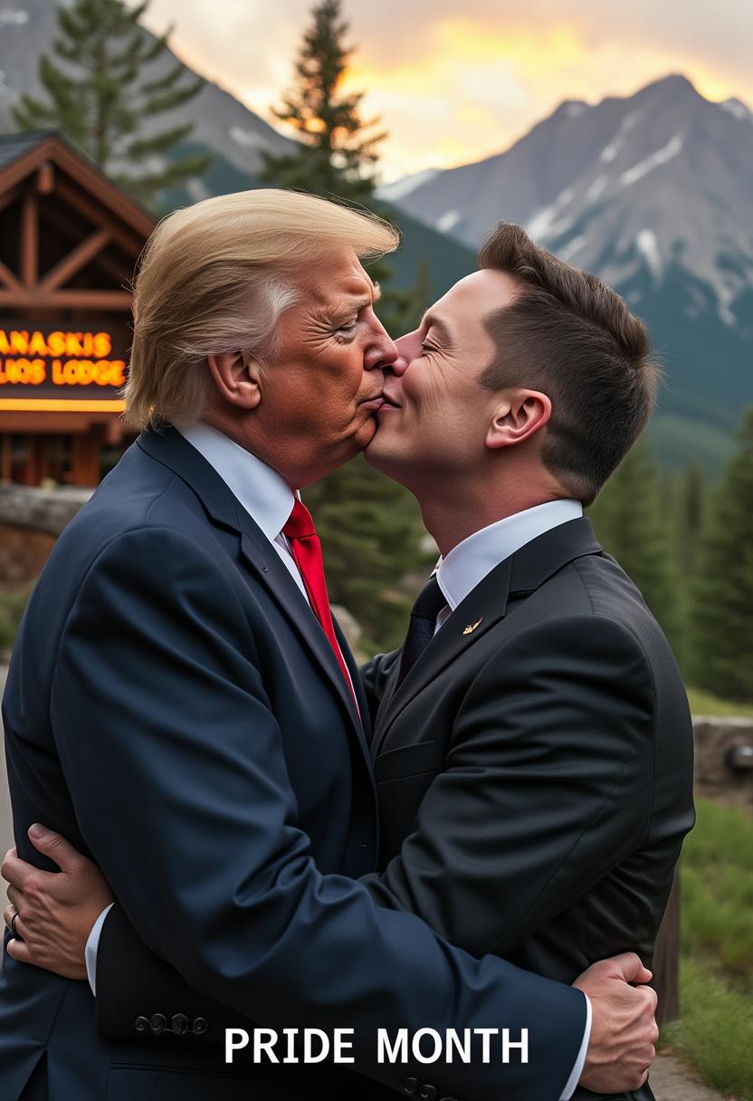 A powerful and intimate portrait of Donald Trump and Elon Musk sharing a deep, loving kiss and embrace, their expressions filled with passion and tenderness. Their faces are captured in exquisite detail, highlighting every nuance of emotion, from the texture of their skin to the subtle glint in their eyes. They stand closely intertwined, arms wrapped around each other, dressed in elegant, tailored suits with rich fabric textures—Trump in a classic navy suit with a red tie, and Musk in a sleek black suit with a modern cut. The background features the rustic charm of Kananaskis Lodge, a luxurious mountain retreat nestled in the Canadian Rockies, with its iconic wooden architecture and a prominent sign reading "Kananaskis Lodge" visible just behind them. The surrounding landscape showcases towering pine trees and rugged mountain peaks under a vibrant, golden-hour sky, casting a warm, soft glow over the scene. The composition is framed with a tight focus on the couple in the foreground, using a shallow depth of field to slightly blur the background while maintaining clarity on the lodge sign. Shot with a Canon EF 400mm f/2.8 lens on a Canon 1DX Mark III, the image is razor-sharp, with hyper-realistic details and a cinematic quality, emphasizing every intricate element of the moment. The mood is bold and celebratory, radiating love and pride, set against the serene, majestic wilderness of the Rockies. At the bottom of the image, bold white text reads "PRIDE MONTH" in a clean, modern font, seamlessly integrated into the composition. The style is hyper-realistic photography with a touch of editorial portraiture, evoking the polished look of a high-end magazine cover.