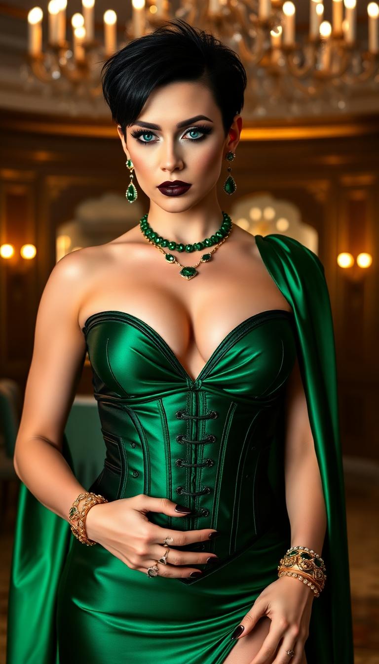Wrestler Becky lynch, dressed in a shiny green satin evening gown and corset, showcasing her ample cleavage. Her shiny black hair is short and spiky. blue eyes. Her lips and long nails are painted shiny black. Her makeup is gothic and heavy. She wears emeralds on gold jewelry on her wrists, neck, fingers and ears. Standing in a luxurious ballroom 