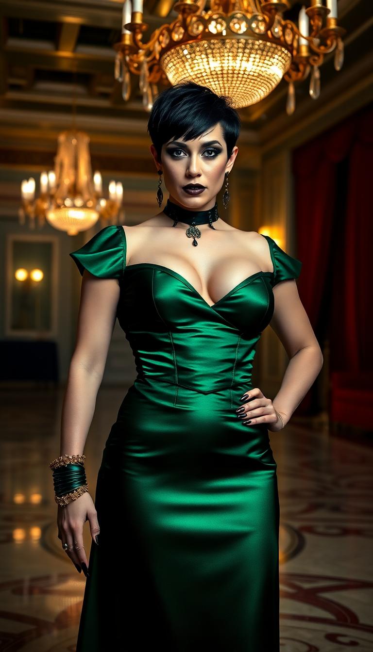 A striking portrait of wrestler Becky Lynch, dressed in a shimmering green satin evening gown with a tight corset, elegantly accentuating her ample cleavage. Her short, spiky black hair gleams under the warm ballroom lights, framing her piercing blue eyes. Her gothic, heavy makeup features dramatic dark eyeshadow and shiny black lipstick, complemented by long, glossy black nails. Adorned with opulent emerald and gold jewelry—bracelets on her wrists, a choker necklace, rings on her fingers, and dangling earrings—her look exudes dark elegance. She stands confidently in a luxurious ballroom with ornate golden chandeliers, polished marble floors, and rich crimson drapes in the background. The composition focuses on her as the central figure, captured from a slight low angle to emphasize her powerful presence, with soft, ambient lighting casting subtle highlights on the satin fabric and jewelry. The mood is bold and dramatic, with a mysterious, nocturnal atmosphere, evoking a sense of gothic sophistication and strength. Rendered in a hyper-realistic digital painting style with meticulous attention to texture, detail, and cinematic lighting.