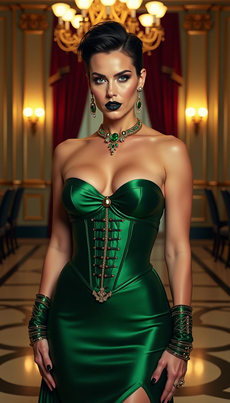 A striking portrait of wrestler Becky Lynch, dressed in a shimmering green satin evening gown with a tight corset, elegantly accentuating her ample cleavage. Her short, spiky black hair gleams under the warm ballroom lights, framing her piercing blue eyes. Her gothic, heavy makeup features dramatic dark eyeshadow and shiny black lipstick, complemented by long, glossy black nails. Adorned with opulent emerald and gold jewelry—bracelets on her wrists, a choker necklace, rings on her fingers, and dangling earrings—her look exudes dark elegance. She stands confidently in a luxurious ballroom with ornate golden chandeliers, polished marble floors, and rich crimson drapes in the background. The composition focuses on her as the central figure, captured from a slight low angle to emphasize her powerful presence, with soft, ambient lighting casting subtle highlights on the satin fabric and jewelry. The mood is bold and dramatic, with a mysterious, nocturnal atmosphere, evoking a sense of gothic sophistication and strength. Rendered in a hyper-realistic digital painting style with meticulous attention to texture, detail, and cinematic lighting.