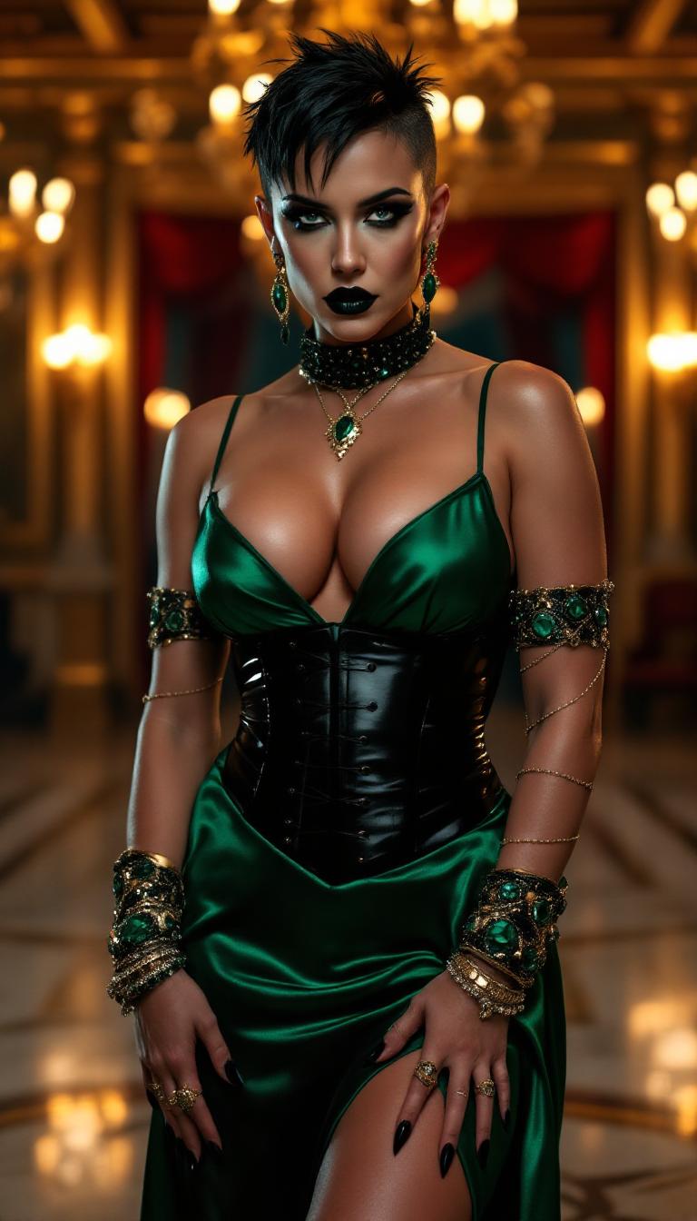 A striking portrait of wrestler Becky Lynch, dressed in a shimmering green satin evening gown. with a tight black latex corset, elegantly accentuating her ample cleavage. Her short, spiky black hair gleams under the warm ballroom lights, framing her piercing blue eyes. Her gothic, heavy makeup features dramatic dark eyeshadow and shiny black lipstick, complemented by long, glossy black nails. Adorned with opulent emerald and gold jewelry—bracelets on her wrists, a choker necklace, rings on her fingers, and dangling earrings—her look exudes dark elegance. She stands confidently in a luxurious ballroom with ornate golden chandeliers, polished marble floors, and rich crimson drapes in the background. The composition focuses on her as the central figure, captured from a slight low angle to emphasize her powerful presence, with soft, ambient lighting casting subtle highlights on the satin fabric and jewelry. The mood is bold and dramatic, with a mysterious, nocturnal atmosphere, evoking a sense of gothic sophistication and strength. Rendered in a hyper-realistic digital painting style with meticulous attention to texture, detail, and cinematic lighting.