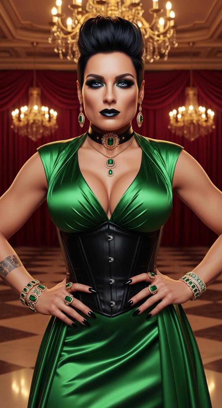 A striking portrait of wrestler Becky Lynch, dressed in a shimmering green satin evening gown. with a tight black latex corset, elegantly accentuating her ample cleavage. Her short, spiky black hair gleams under the warm ballroom lights, framing her piercing blue eyes. Her gothic, heavy makeup features dramatic dark eyeshadow and shiny black lipstick, complemented by long, glossy black nails. Adorned with opulent emerald and gold jewelry—bracelets on her wrists, a choker necklace, rings on her fingers, and dangling earrings—her look exudes dark elegance. She stands confidently in a luxurious ballroom with ornate golden chandeliers, polished marble floors, and rich crimson drapes in the background. The composition focuses on her as the central figure, captured from a slight low angle to emphasize her powerful presence, with soft, ambient lighting casting subtle highlights on the satin fabric and jewelry. The mood is bold and dramatic, with a mysterious, nocturnal atmosphere, evoking a sense of gothic sophistication and strength. Rendered in a hyper-realistic digital painting style with meticulous attention to texture, detail, and cinematic lighting.