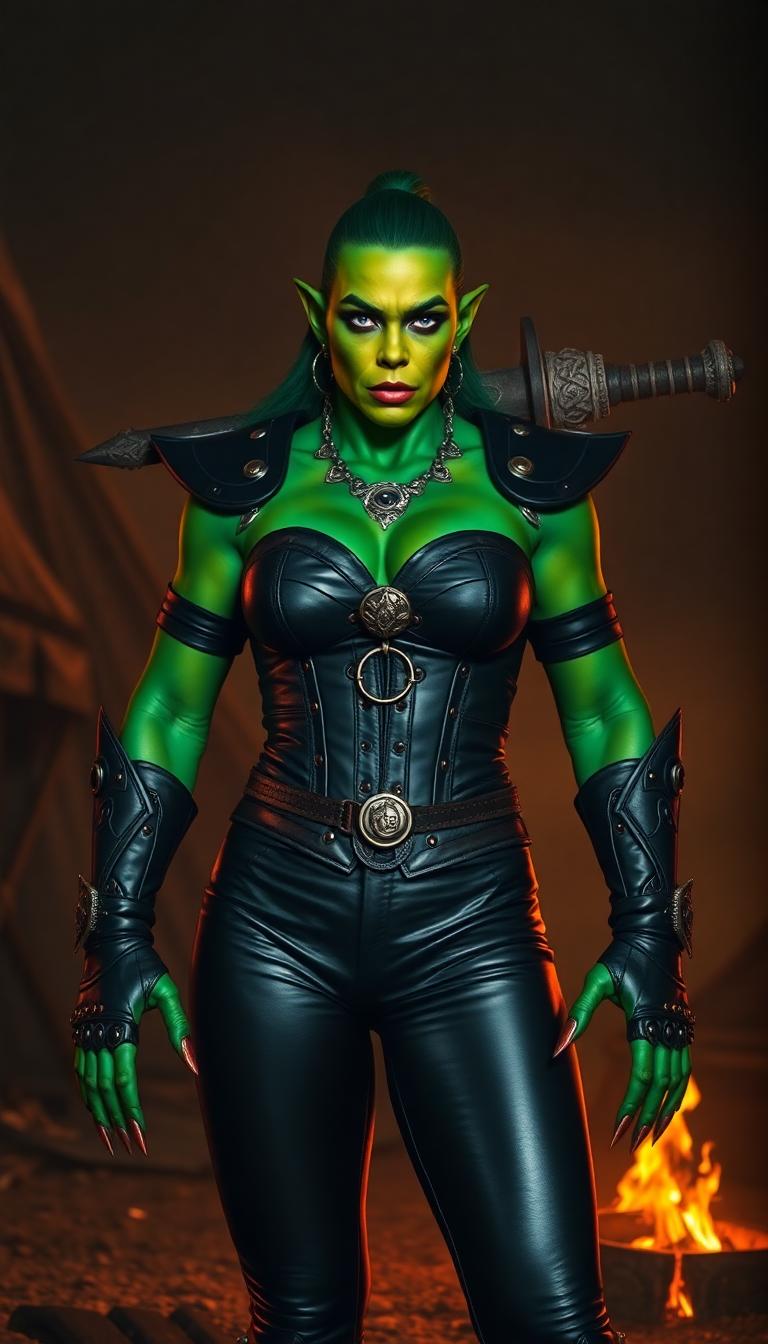 A majestic and powerful emerald-colored orc warrior queen, her skin shimmering with a deep, jewel-like green under the flickering light of a medieval army camp at night. She stands tall and commanding, dressed in sleek, shiny black leather pants and a tightly laced corset that accentuates her formidable presence. Her hands are adorned with blood-red talons, glinting menacingly, and wrapped in shiny black leather fingerless gloves that highlight her raw strength. A massive two-handed sword, intricately engraved with ancient runes, is strapped across her back, its hilt rising over her shoulder like a dark omen. Her fierce face is framed by multiple piercings—gleaming silver studs and hoops on her ears, a bold ring through her nose, and striking accents on her blood-red lips, adding to her intimidating beauty. She stands at the center of a rugged army encampment, surrounded by weathered canvas tents in muted earth tones, glowing firepits casting warm orange light and long shadows across the scene, and groups of battle-hardened orc warriors in the background, their armor clinking softly as they prepare for war. The composition focuses on the queen as the central figure, captured from a low angle to emphasize her towering dominance, with the camp sprawling chaotically around her. The mood is intense and foreboding, with a smoky, mystical atmosphere under a starless, inky black sky, the air thick with the scent of burning wood and the tension of impending battle. Rendered in a hyper-realistic fantasy art style, with meticulous attention to the reflective textures of leather, the metallic sheen of piercings and sword, and the gritty, lived-in details of the camp, enhanced by dramatic chiaroscuro lighting to heighten the contrast between light and shadow.