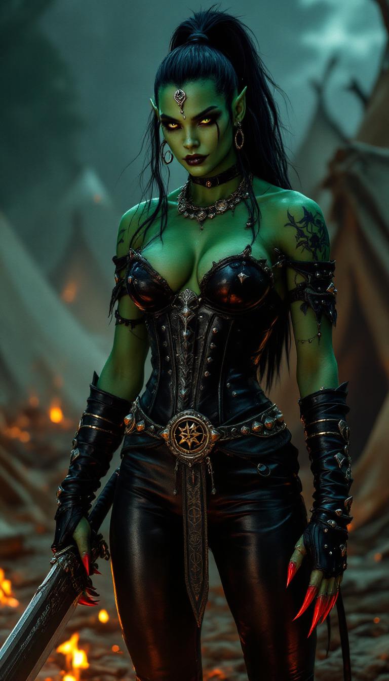 A majestic and powerful emerald-colored orc warrior queen with black hair in a high long ponytail, her skin shimmering with a deep, jewel-like green under the flickering light of a medieval army camp at night. She stands tall and commanding, dressed in sleek, shiny black leather pants and a tightly laced corset that accentuates her formidable presence. Her hands are adorned with blood-red talons, glinting menacingly, and wrapped in shiny black leather fingerless gloves that highlight her raw strength. A massive two-handed sword, intricately engraved with ancient runes, is strapped across her back, its hilt rising over her shoulder like a dark omen. Her fierce face is framed by multiple piercings—gleaming silver studs and hoops on her ears, a bold ring through her nose, and striking accents on her blood-red lips, adding to her intimidating beauty. She stands at the center of a rugged army encampment, surrounded by weathered canvas tents in muted earth tones, glowing firepits casting warm orange light and long shadows across the scene, and groups of battle-hardened orc warriors in the background, their armor clinking softly as they prepare for war. The composition focuses on the queen as the central figure, captured from a low angle to emphasize her towering dominance, with the camp sprawling chaotically around her. The mood is intense and foreboding, with a smoky, mystical atmosphere under a starless, inky black sky, the air thick with the scent of burning wood and the tension of impending battle. Rendered in a hyper-realistic fantasy art style, with meticulous attention to the reflective textures of leather, the metallic sheen of piercings and sword, and the gritty, lived-in details of the camp, enhanced by dramatic chiaroscuro lighting to heighten the contrast between light and shadow.