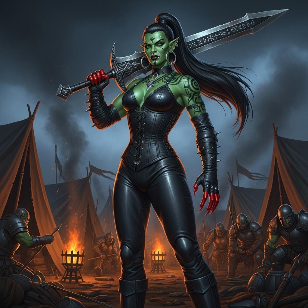 A majestic and powerful emerald-colored orc warrior queen with black hair in a high long ponytail, her skin shimmering with a deep, jewel-like green under the flickering light of a medieval army camp at night. She stands tall and commanding, dressed in sleek, shiny black leather pants and a tightly laced corset that accentuates her formidable presence. Her hands are adorned with blood-red talons, glinting menacingly, and wrapped in shiny black leather fingerless gloves that highlight her raw strength. A massive two-handed sword, intricately engraved with ancient runes, is strapped across her back, its hilt rising over her shoulder like a dark omen. Her fierce face is framed by multiple piercings—gleaming silver studs and hoops on her ears, a bold ring through her nose, and striking accents on her blood-red lips, numerous tribal tattoos adding to her intimidating beauty. 

She stands at the center of a rugged army encampment, surrounded by weathered canvas tents in muted earth tones, glowing firepits casting warm orange light and long shadows across the scene, and groups of battle-hardened orc warriors in the background, their armor clinking softly as they prepare for war. The composition focuses on the queen as the central figure, captured from a low angle to emphasize her towering dominance, with the camp sprawling chaotically around her. The mood is intense and foreboding, with a smoky, mystical atmosphere under a starless, inky black sky, the air thick with the scent of burning wood and the tension of impending battle. Rendered in a hyper-realistic fantasy art style, with meticulous attention to the reflective textures of leather, the metallic sheen of piercings and sword, and the gritty, lived-in details of the camp, enhanced by dramatic chiaroscuro lighting to heighten the contrast between light and shadow.