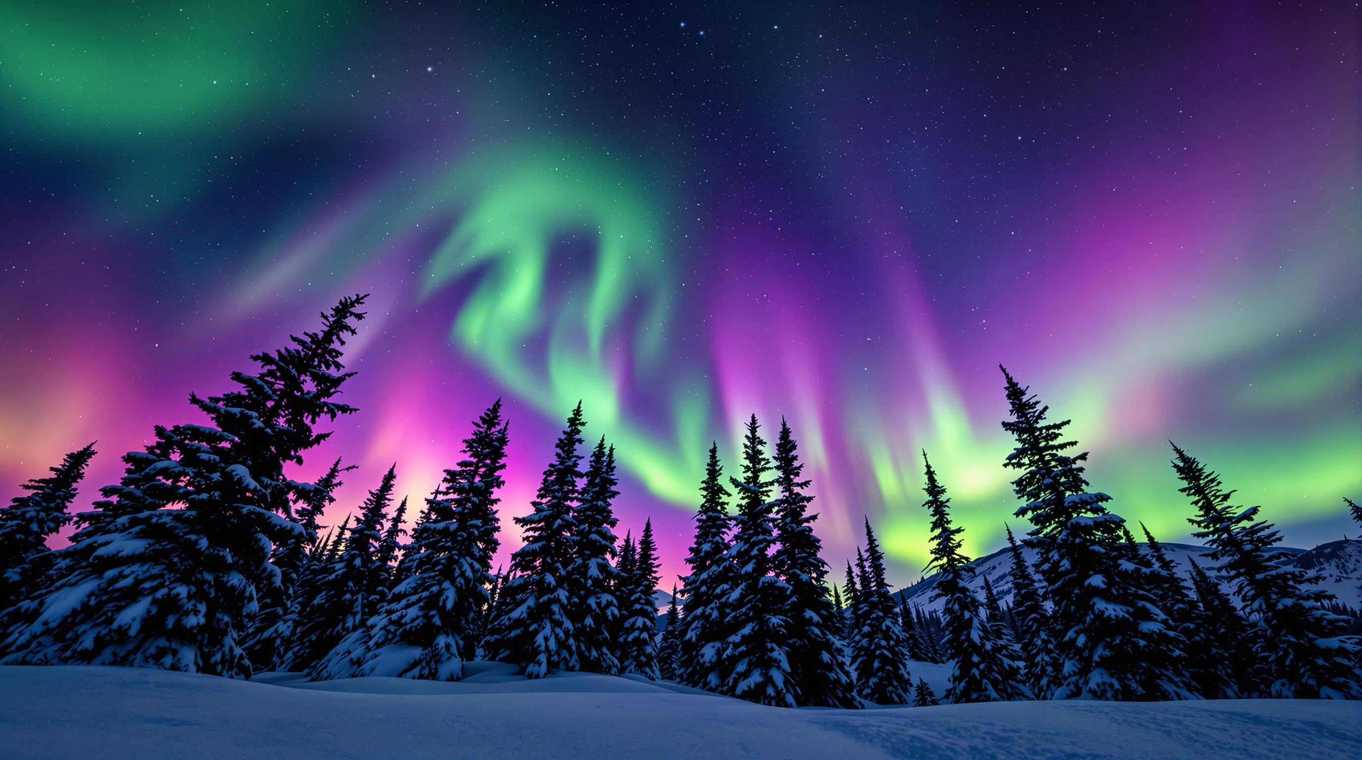 A vibrant display of the northern lights dominates the night sky, showcasing swirling hues of green, pink, and purple. Silhouetted against this stunning backdrop, tall evergreen trees rise above a snowy landscape, creating a serene, wintery scene. Stars twinkle overhead, adding to the magical atmosphere. Shot with a Canon EF 400mm f/2.8 lens on a Canon 1DX Mark III, every detail is captured in razor-sharp focus