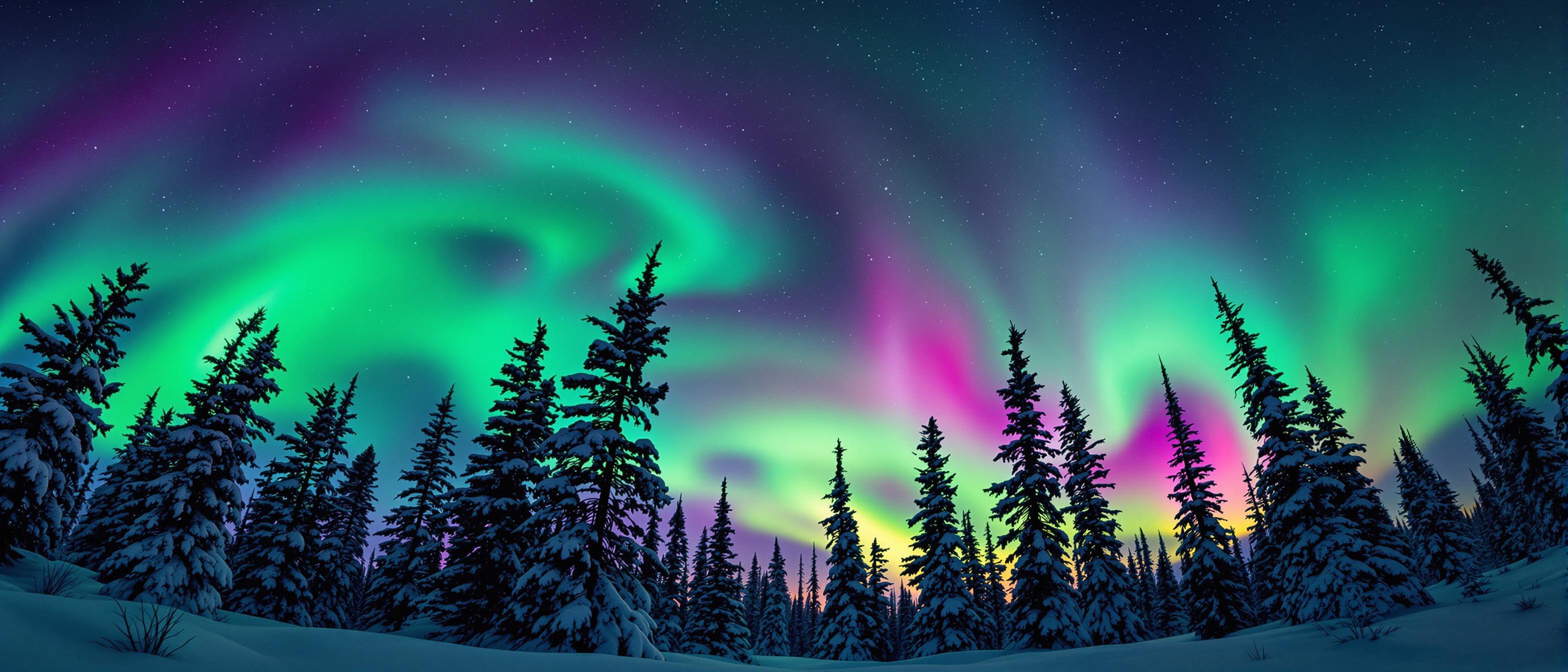 A vibrant display of the northern lights dominates the night sky, showcasing swirling hues of green, pink, and purple. Silhouetted against this stunning backdrop, tall evergreen trees rise above a snowy landscape, creating a serene, wintery scene. Stars twinkle overhead, adding to the magical atmosphere. Shot with a Canon EF 400mm f/2.8 lens on a Canon 1DX Mark III, every detail is captured in razor-sharp focus