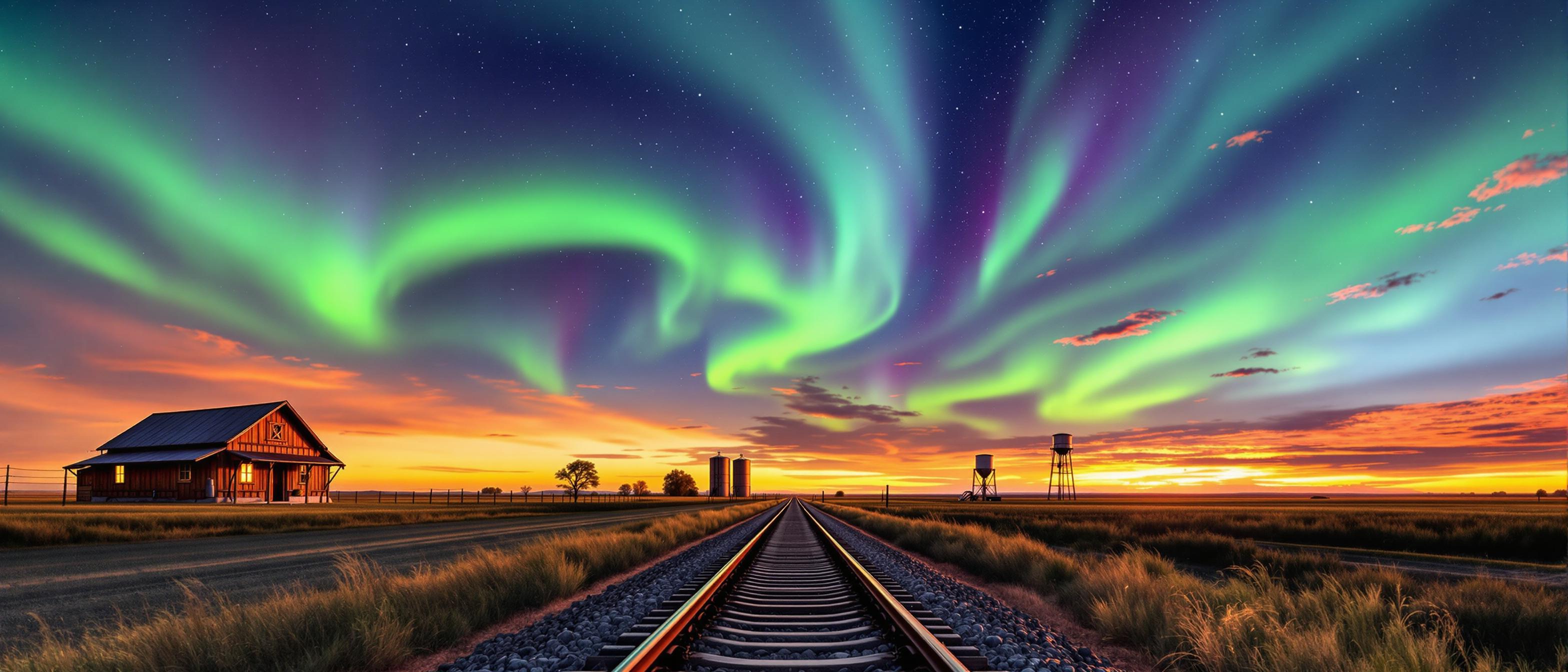 A serene landscape featuring a railway track leading into the distance, flanked by an agricultural scene. On the left, a rustic wooden building emits a warm glow, while towering grain silos and a water tower are visible in the background. Above, vibrant auroras swirl in shades of green and blue, contrasting against a dramatic sunset of deep oranges and purples, with a starry sky hinted in the upper parts of the image. The overall atmosphere is tranquil and enchanting, capturing the beauty of both nature and industry.. Shot with a Canon EF 400mm f/2.8 lens on a Canon 1DX Mark III, every detail is captured in razor-sharp focus