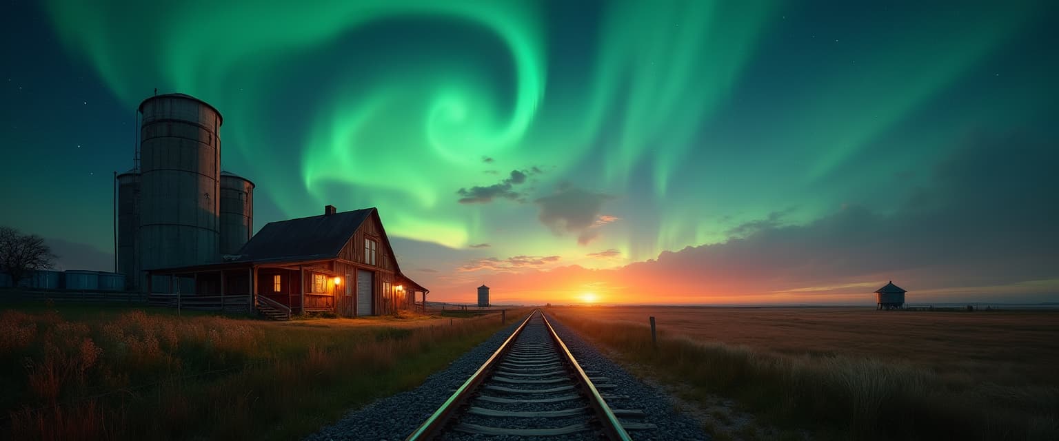 A serene landscape featuring a railway track leading into the distance, flanked by an agricultural scene. On the left, a rustic wooden building emits a warm glow, while towering grain silos and a water tower are visible in the background. Above, vibrant auroras swirl in shades of green and blue, contrasting against a dramatic sunset of deep oranges and purples, with a starry sky hinted in the upper parts of the image. The overall atmosphere is tranquil and enchanting, capturing the beauty of both nature and industry.. Shot with a Canon EF 400mm f/2.8 lens on a Canon 1DX Mark III, every detail is captured in razor-sharp focus