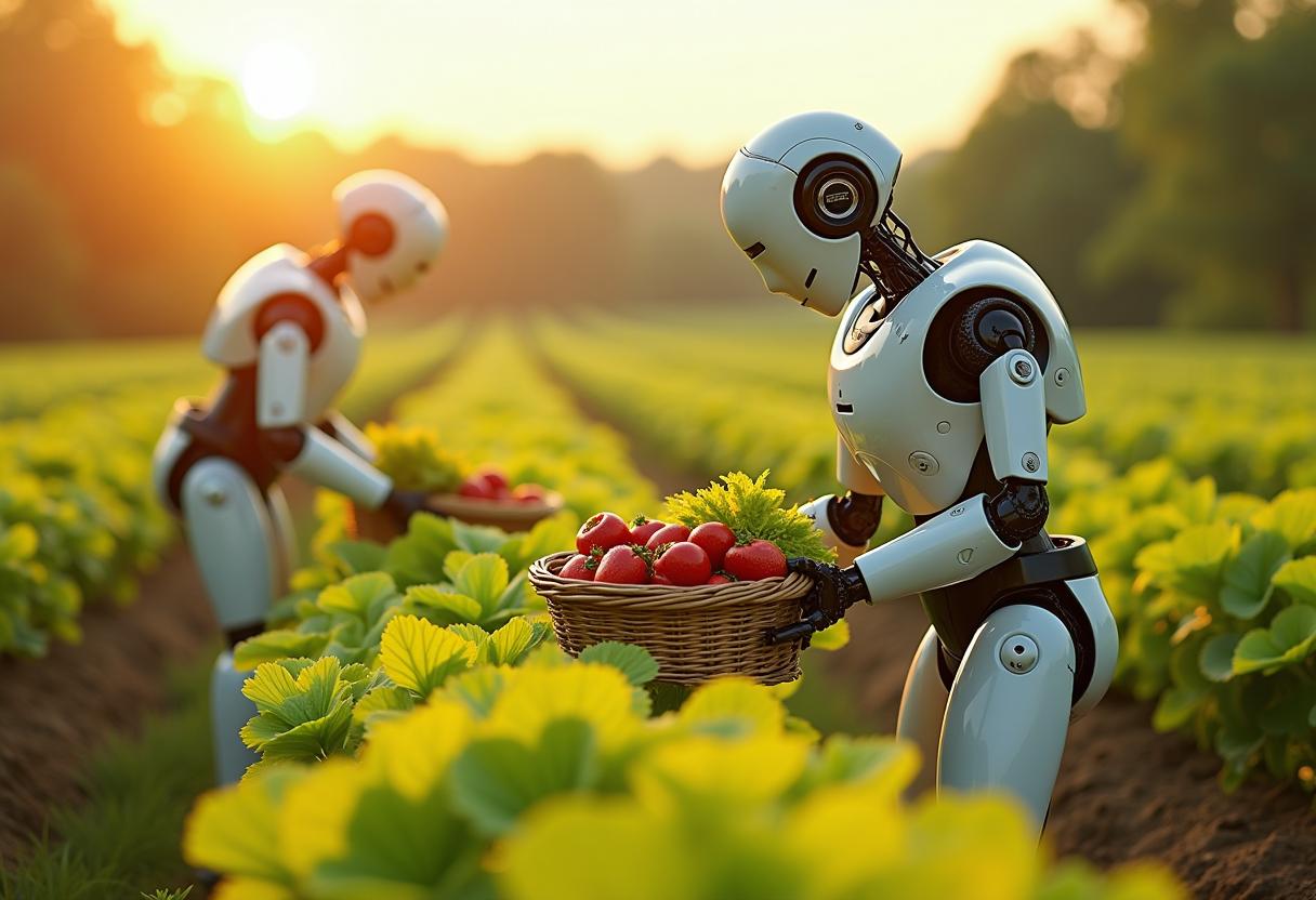 Create an image of a robots in the fields picking strawberries, lettuce or tomatoes, bending over in the hot sun, with baskets of food

Shot with a Canon EF 400mm f/2.8 lens on a Canon 1DX Mark III, every detail is captured in razor-sharp focus