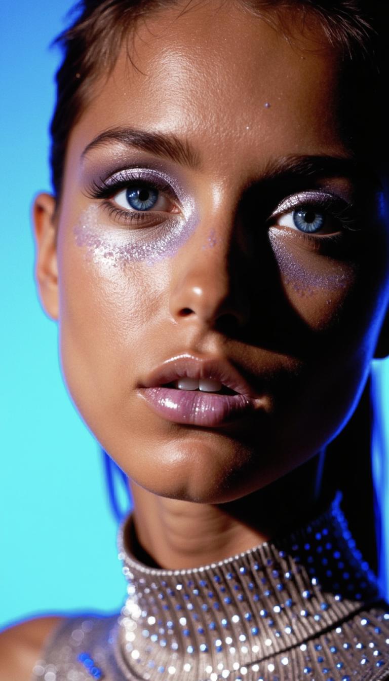 close-up of model's face adorned with crystal-studded makeup and shimmering metallic eyeshadow, metallic silver fabric wrapped around neck and shoulders, cool blue and purple light bouncing off reflective surfaces, sharp focus on eyes and gem textures, ultra shallow depth of field, Hasselblad H6D style image, beauty editorial framing, hyper detailed facial textures, rich deep colors, cinematic ambient light, elegant, intricate, complex