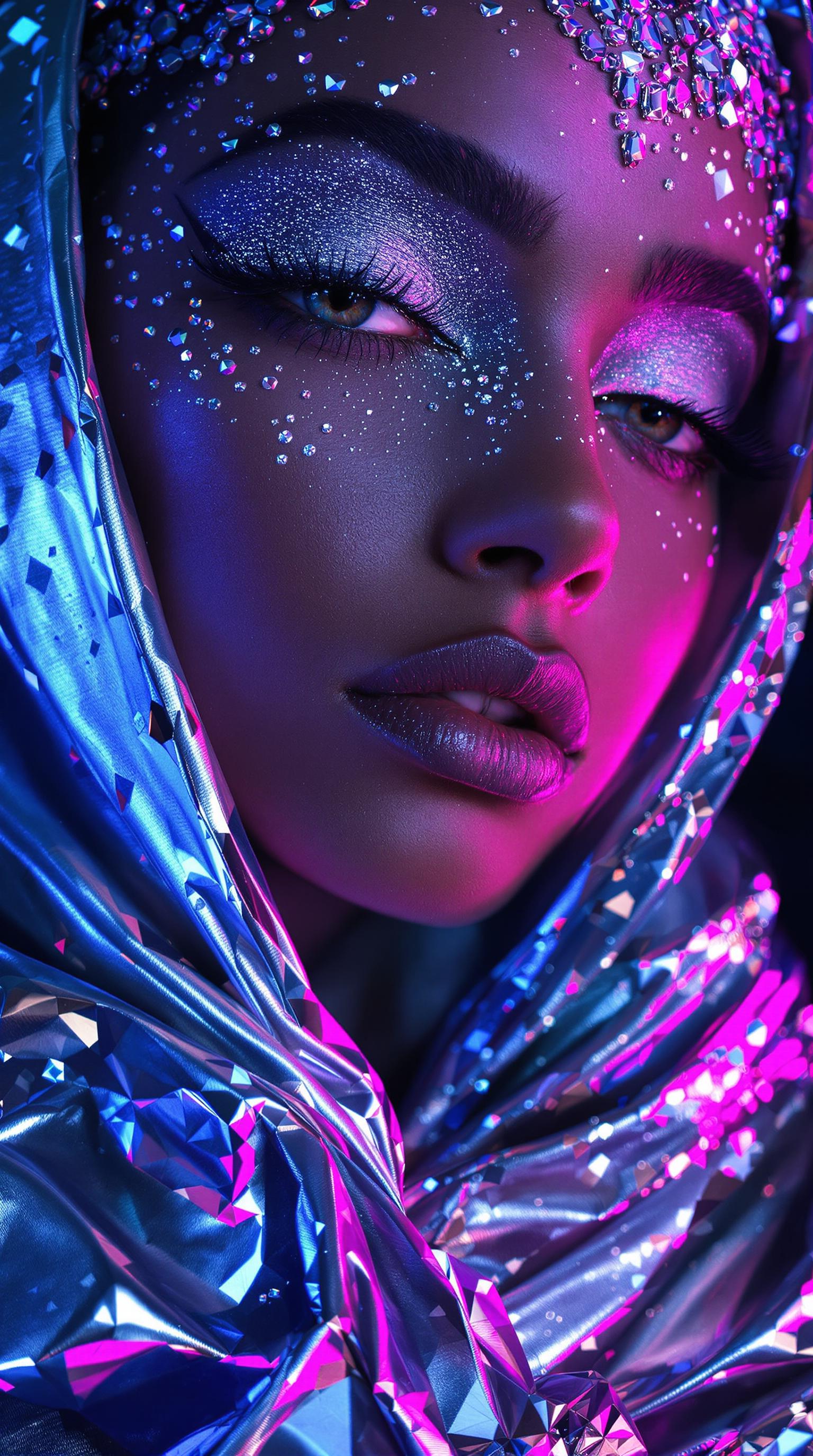 close-up of model's face adorned with crystal-studded makeup and shimmering metallic eyeshadow, metallic silver fabric wrapped around neck and shoulders, cool blue and purple light bouncing off reflective surfaces, sharp focus on eyes and gem textures, ultra shallow depth of field, Hasselblad H6D style image, beauty editorial framing, hyper detailed facial textures, rich deep colors, cinematic ambient light, elegant, intricate, complex