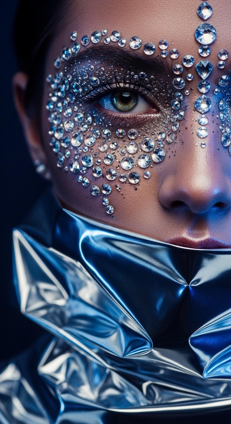 close-up of model's face adorned with crystal-studded makeup and shimmering metallic eyeshadow, metallic silver fabric wrapped around neck and shoulders, cool blue and purple light bouncing off reflective surfaces, sharp focus on eyes and gem textures, ultra shallow depth of field, Hasselblad H6D style image, beauty editorial framing, hyper detailed facial textures, rich deep colors, cinematic ambient light, elegant, intricate, complex